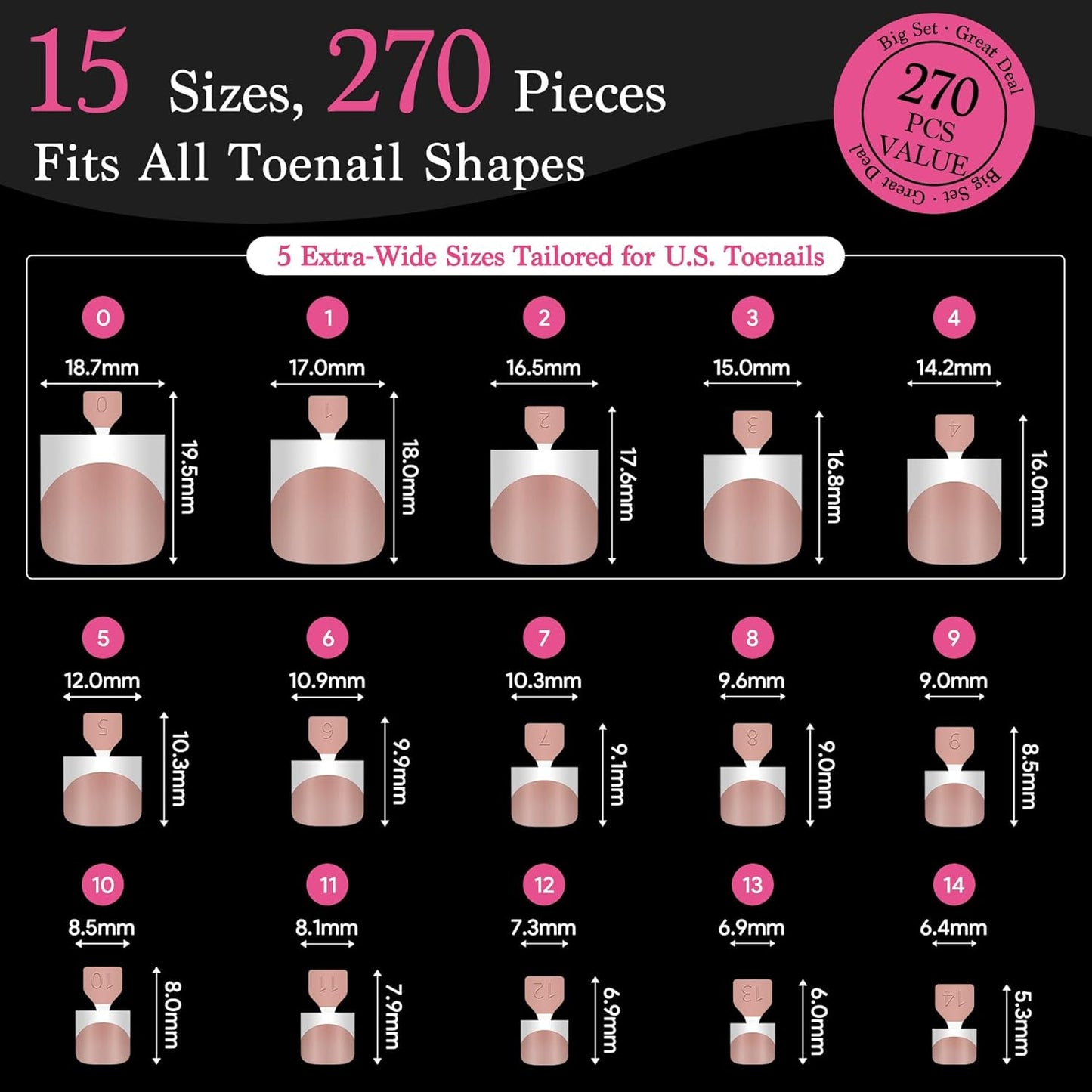 Press On Toenails for Women, Brown Pink 15 Sizes 270 Pcs Toe Nail Tips Pre-applied Primer& Base Coat, Full Cover Real Square French Tip Extension DIY at Home, Builder Nail Gel & Top Coat Required
