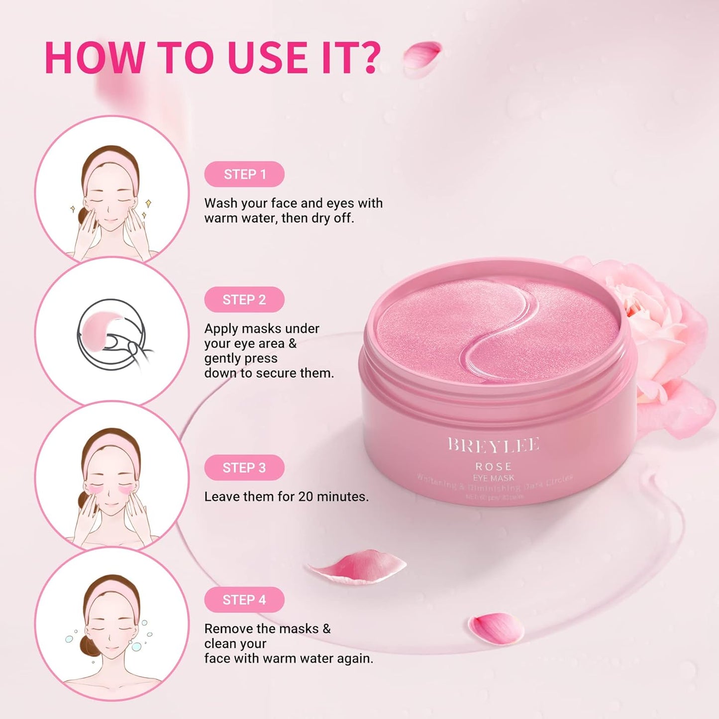 BREYLEE Rose Eye Mask– 60 Pcs - Eye Treatment Mask, Under Eye Bags Treatment, Under Eye Masks for Puffy Eyes, Anti-Aging,Anti-Wrinkle and Fine Lines, Under eye Dark Circles