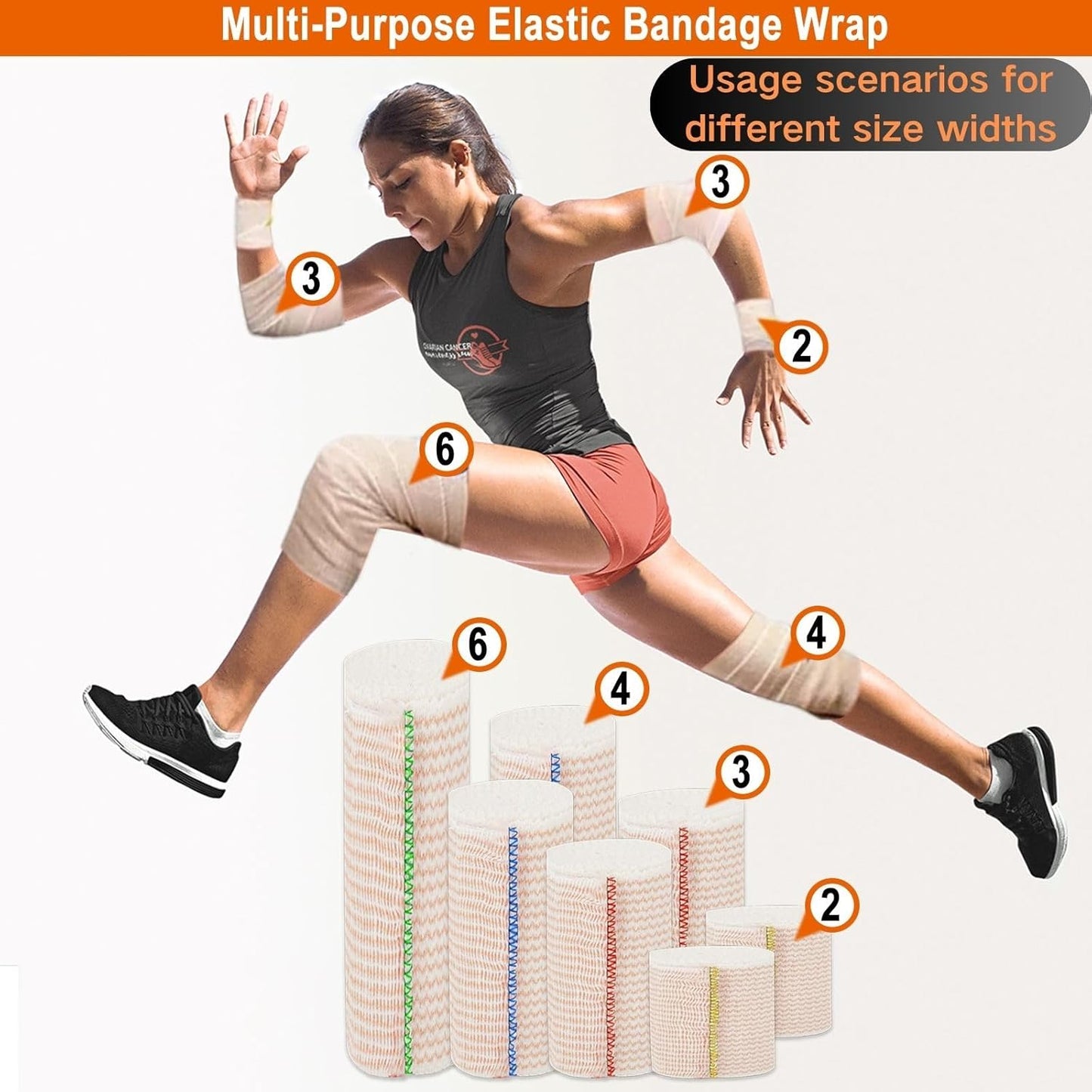 Premium Elastic Bandage Wrap 6 inch 4 Pack Reusable Versatile Self-Closing Compression Bandage Wraps for Ankles, Wrists Knee, Tummy and Body Cotton Lymphedema Wraps for Legs Latex-Free