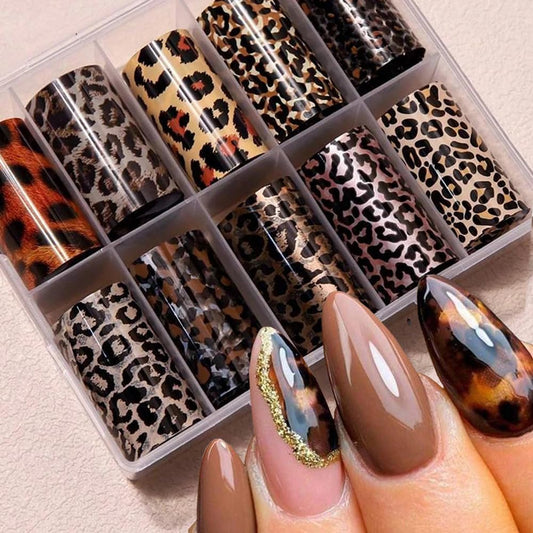 Leopard Print Nail Art Foils Transfer Stickers 10Pcs Leopard Snake Print Nail Foils Adhesive Decals Nail Supplies Laser Starry Sky Paper Manicure Accessories for Women Fall Nail Art Decorations