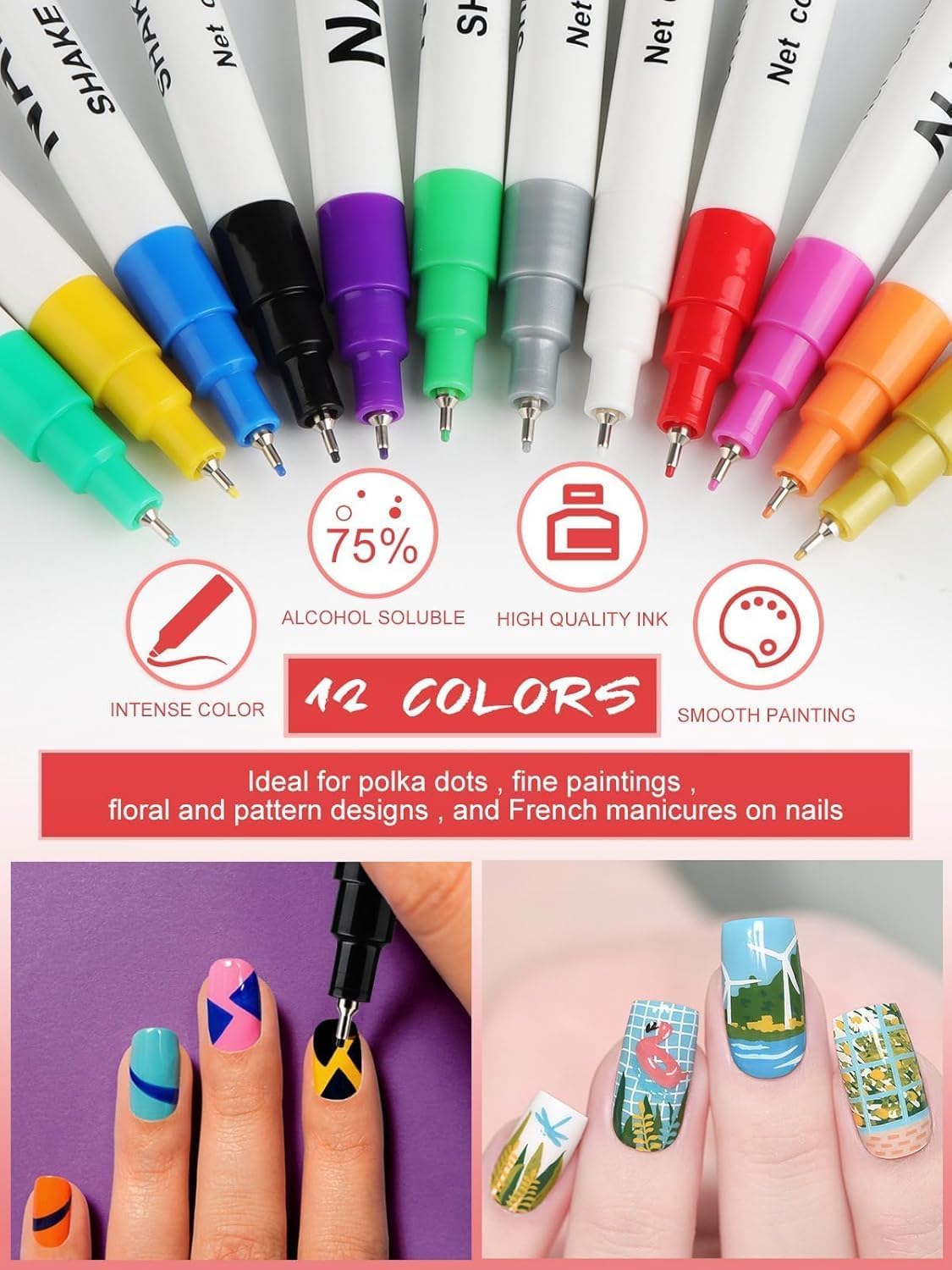 12 Color 3D Nail Art Pens Set, Kalolary Nail Point Graffiti Dotting Pen Drawing Painting Liner Brush for DIY Nail Art Beauty Adorn Manicure Tools