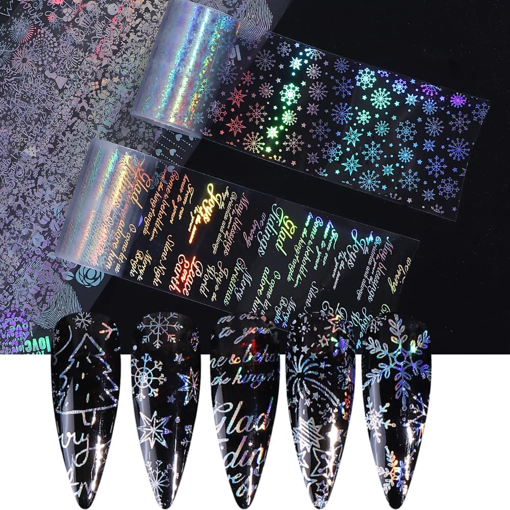 Christmas Nail Art Foils Transfer Stickers 10Rolls Laser Snowflake Nail Foils Adhesive Decals Nail Art Supplies Crystal Ball Xmas Tree Snowman Fireworks Deer Starry Sky Paper for Women Nail Decoration