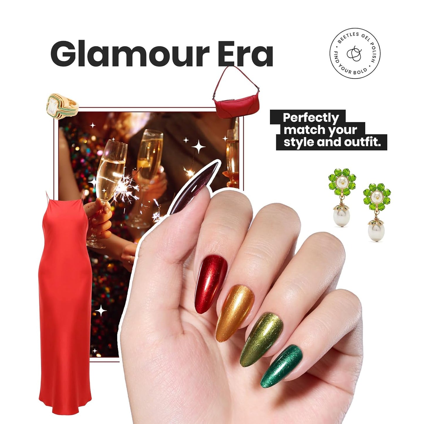 Beetles Fall Nail Polish Set - Glamour Era 6 Colors Quick Dry Glitter Burgundy Red Gold Green Yellow High-Gloss Long-Lasting Nail Polish for DIY At-Home Manicure Gift for Women