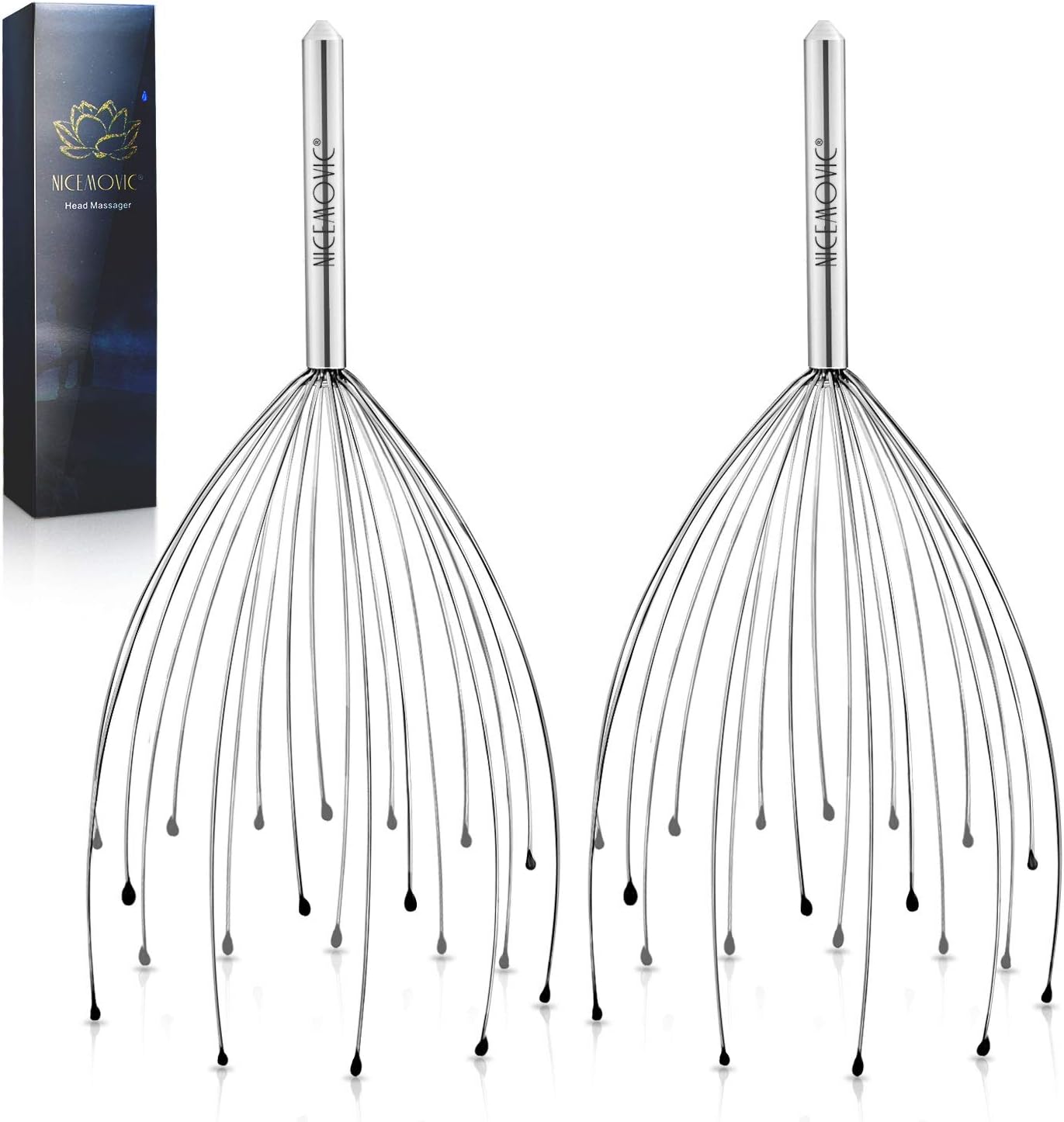 NICEMOVIC 2 Pack Head Scalp Massager, Stocking Stuffers Stress Relief Gifts for Women Men, 20 Fingers Scalp Head Scratcher for Hair Stimulation Body Relaxing (Silver & Silver)