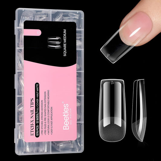 Beetles Nail Tips Medium Square 576Pcs 12 Sizes - Pre-Etched Soft Acrylic Nail Tips Half Matte False Nails Nail Art Full Cover Press Ons Nail Extensions Gift Set Home DIY Nail Salon