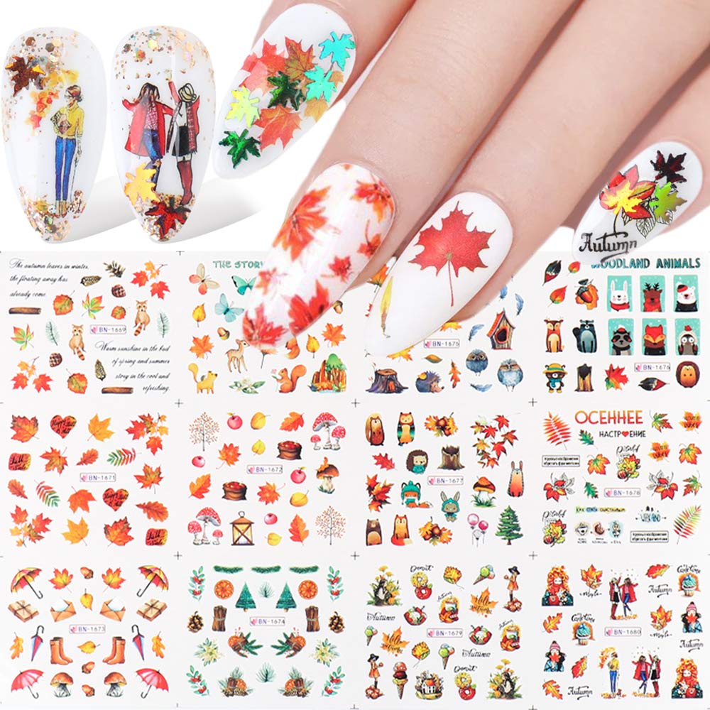 Fall Nail Stickers Autumn Maple Leaf Nail Art Decals Thanksgiving Day Water Decal Transfer Slider Set Turkey Pumpkin Nail Art Foil Stickers Nail Supplies Accessories Decoration Manicure Tips 12 Design