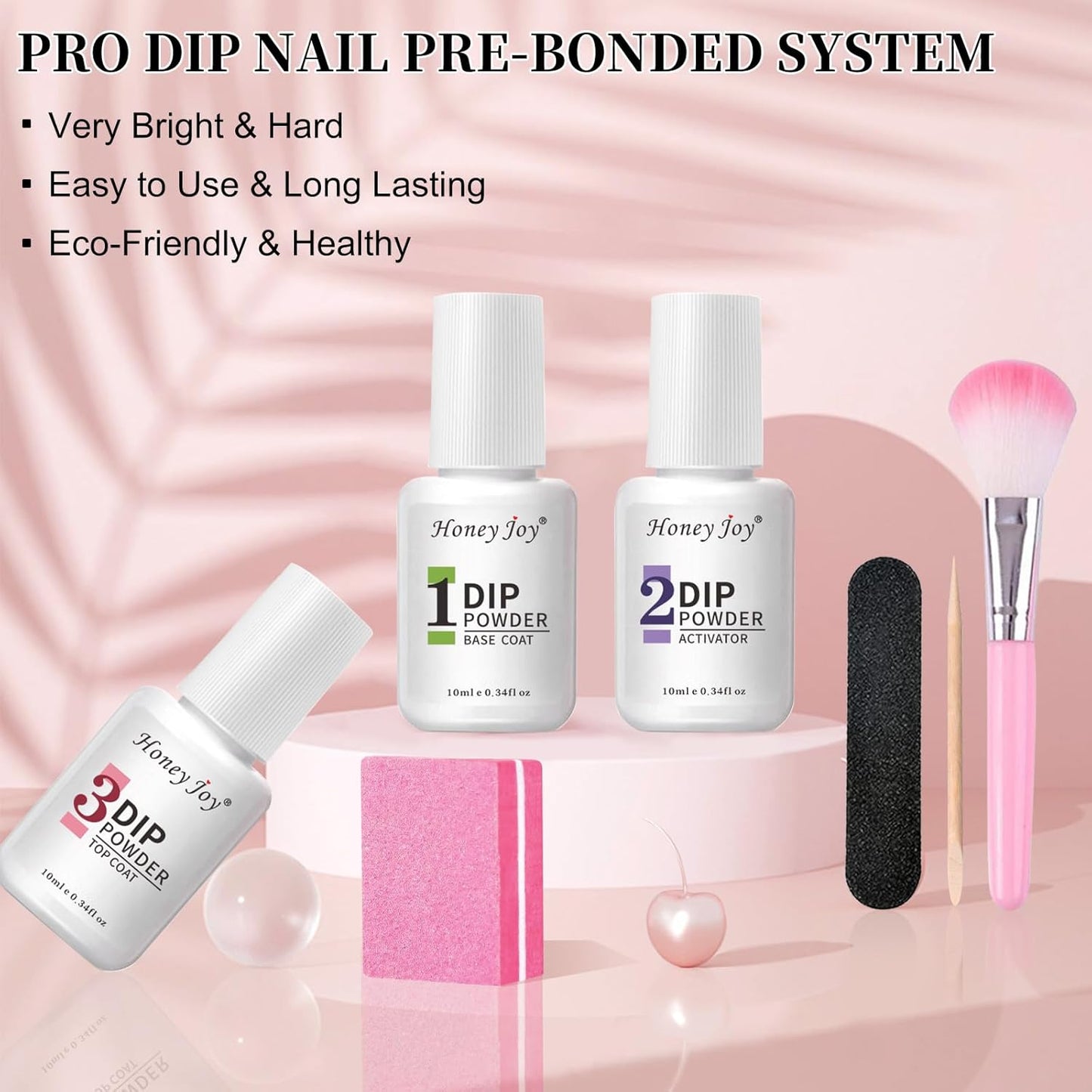 Honey Joy Dip Powder Nail Kit Starter, 4 Colors Pink Glitter Fine Dipping Powder Nude Color Kit with Base Top Coat Activator for Nail Art Manicure Salon DIY No LED Nail Lamp Needed, Dip-7pcs-No.17