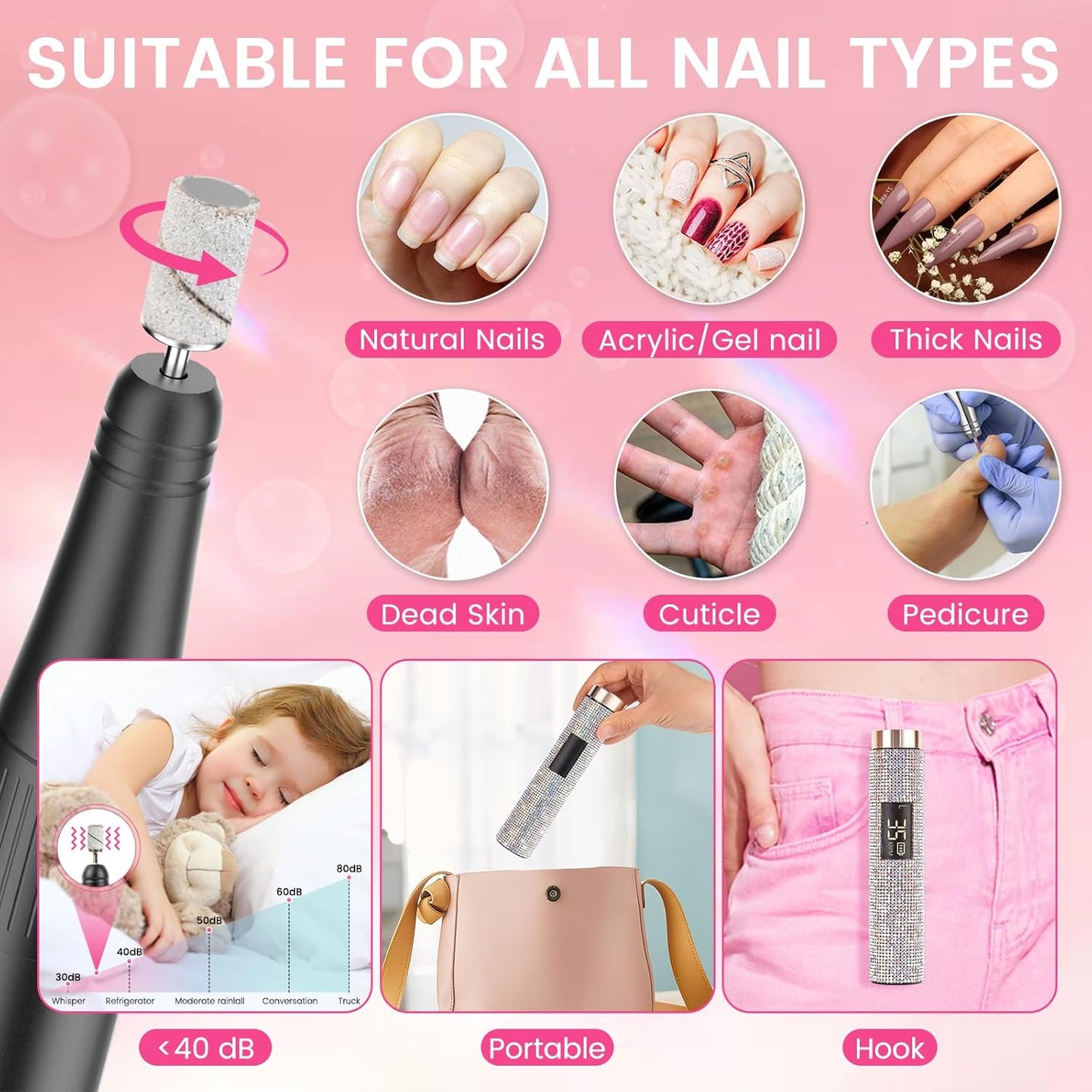 Lavinda Portable Nail Drill 35000 RPM, Professional Rechargeable Cordless Electric Nail File with Bits for Acrylic Gel Nails Polishing Removal, Manicure Pedicure Efile Kit for Salon Home, Diamond