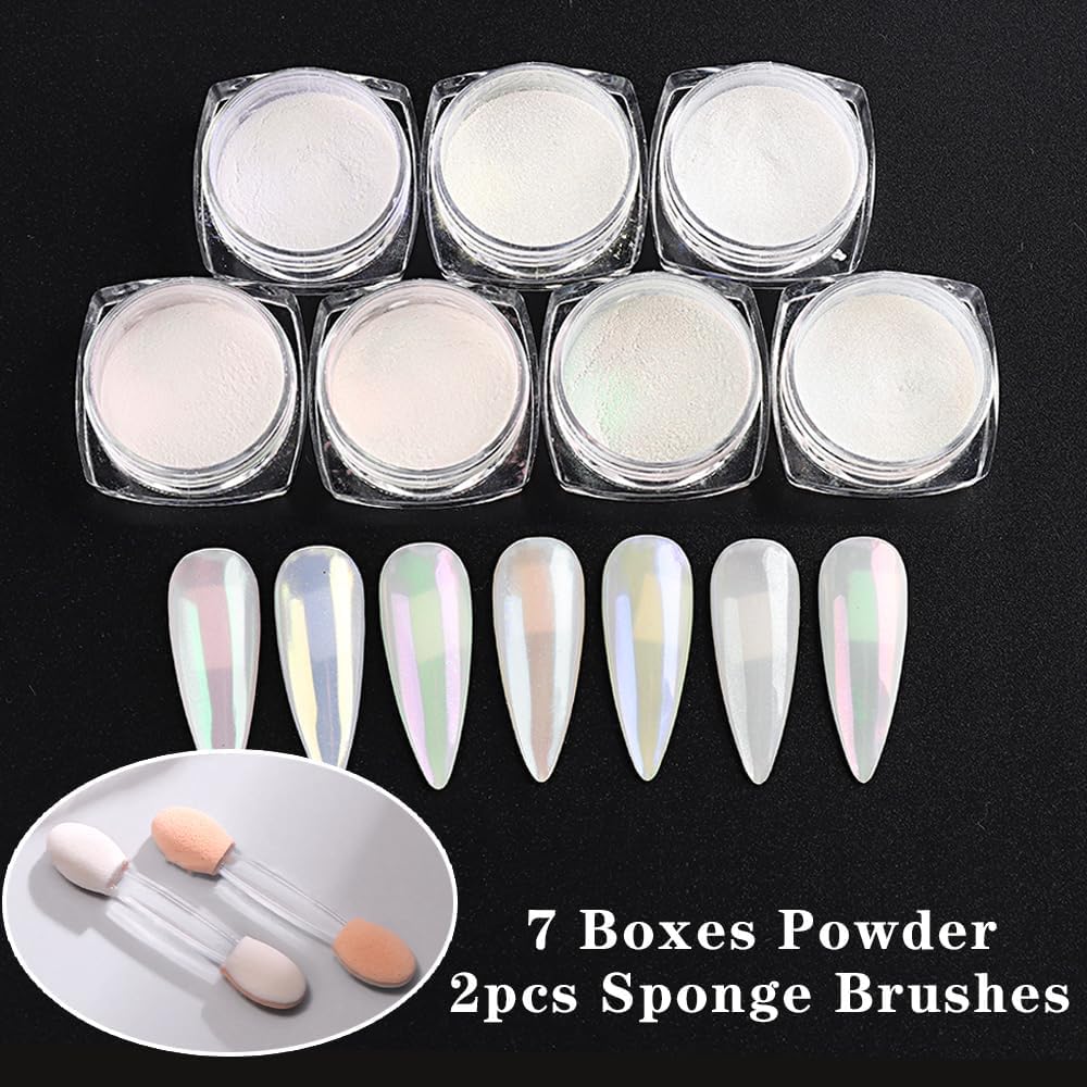 7 Colors Pearl Chrome Nail Powder,Aurora Mermaid Iridescent Powder Set, Metallic Mirror Effect Glitters Pigment for Gel Polish Nail Art Decorations