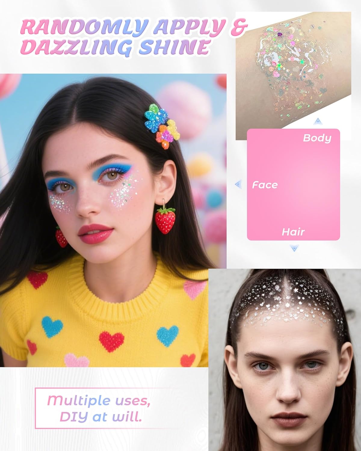 6 Pcs Clear White Face Body Glitter Gel，Holographic Chunky Sequins Body Glitter Paint for Party Singer Concerts Music Festival Rave Accessories for Girls Women Face Body DIY Sparkling Makeup