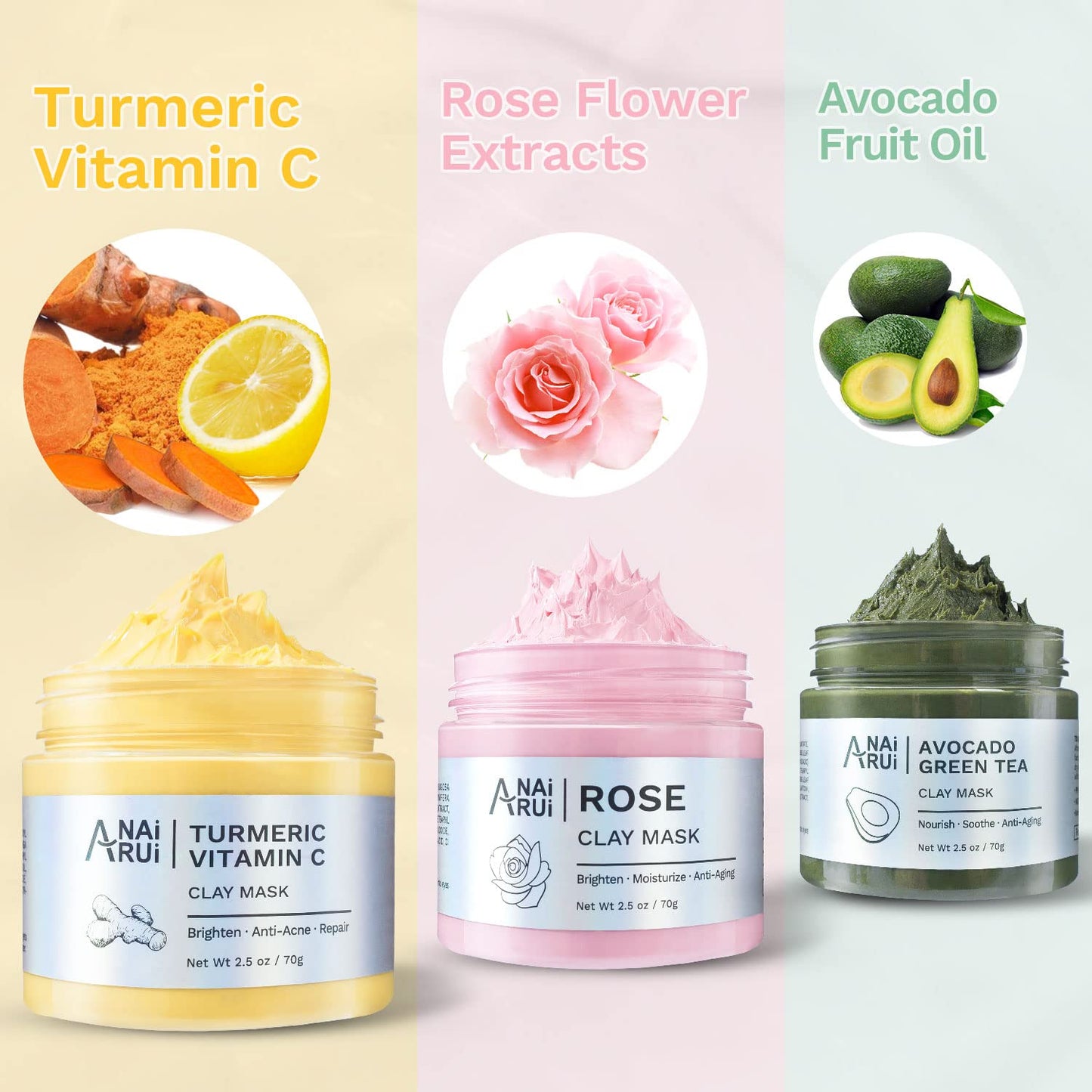 ANAI RUI Turmeric Vitamin C Clay Mask -Rose Facial Mask -Avocado Green Tea Mud Mask,Facial Mask Skincare for Deep Cleansing,Purify Pores, SPA Mask Set, Facial Mask Set Gifts Set 2.5 oz each