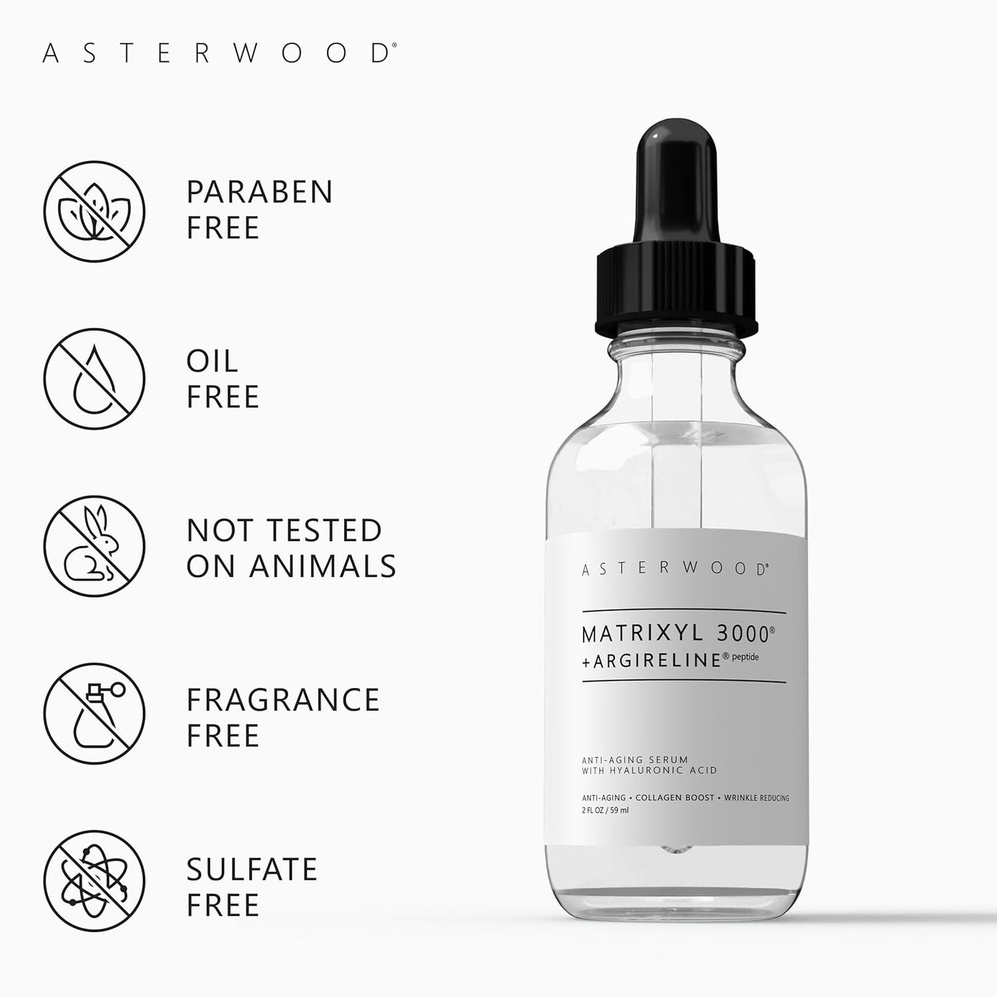 Asterwood Matrixyl 3000 + Argireline Serum with Hyaluronic Acid - Anti-Aging, Wrinkle Reducing, Collagen Boosting - Fragrance-Free - 2 Fl Oz