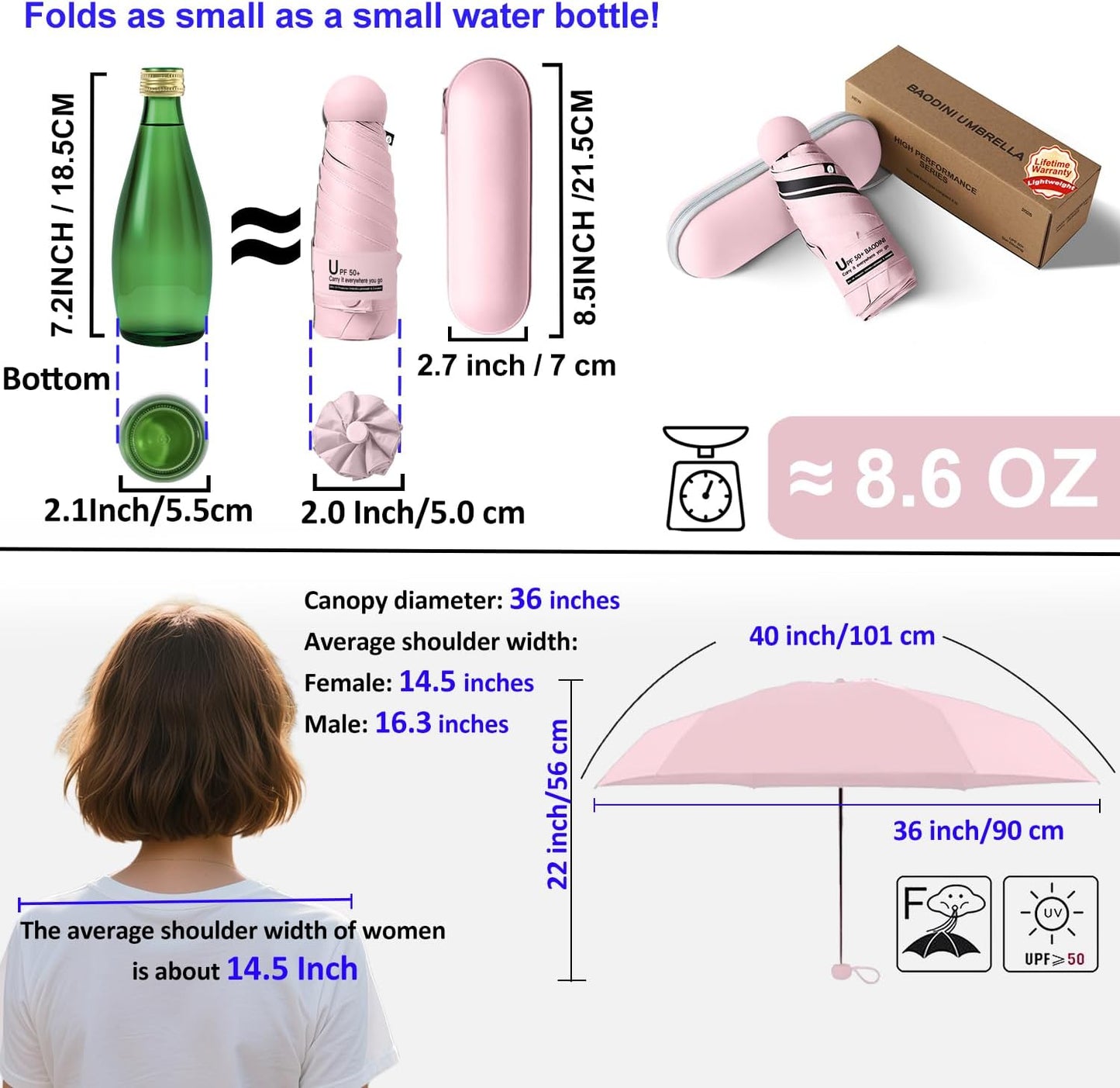 BAODINI Travel Essentials Mini Umbrella for Purse With Case Small Compact UV Sun Protection Lightweight Tiny Pocket Manual Open Close Umbrella for Women Kids and Men Fit Purse Backpack