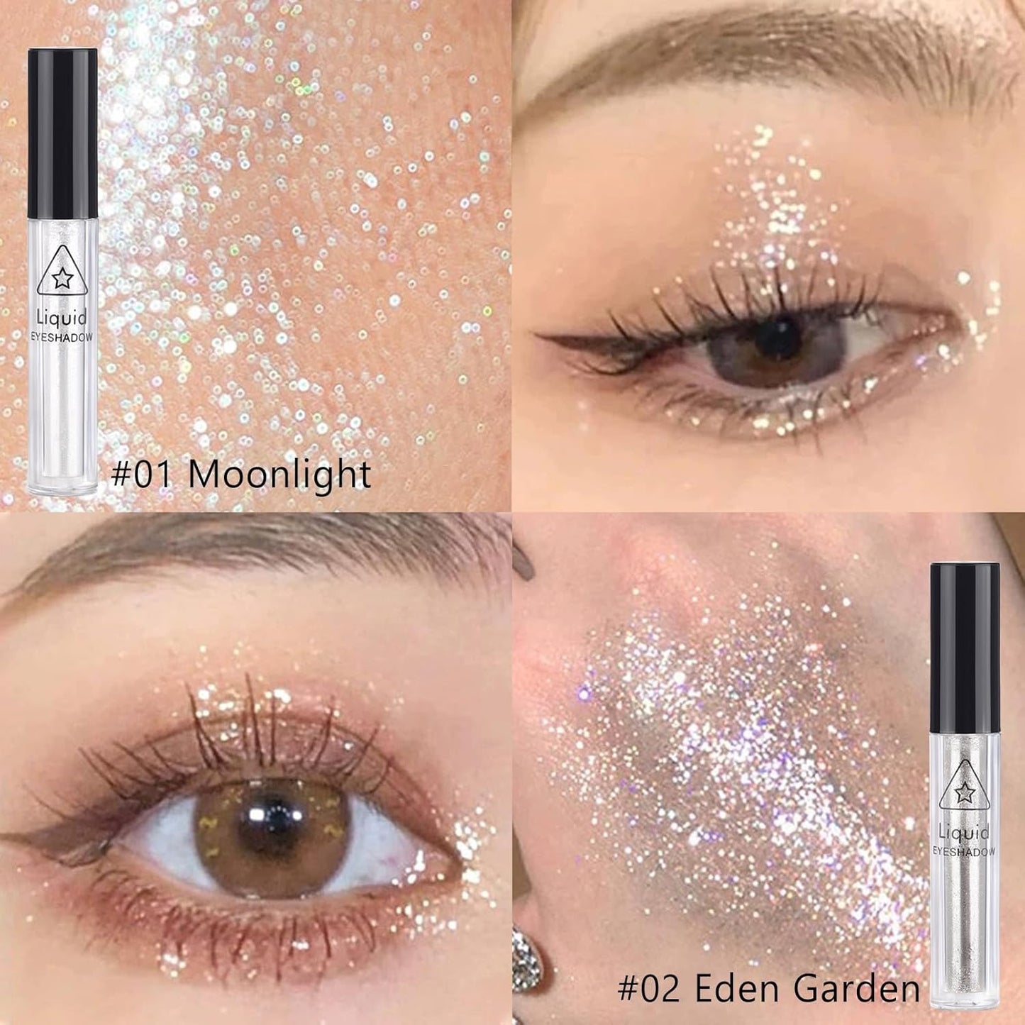 4Pcs Liquid Eyeshadow Eyeliner Kit Set for Korean Makeup, Sparkling Shimmer Metallic Eye Glitter Sequins for Under Eye Tear-Drop Make Up, Quick-Dry Loose Glitter Glue for Crystal Mermaid Looks