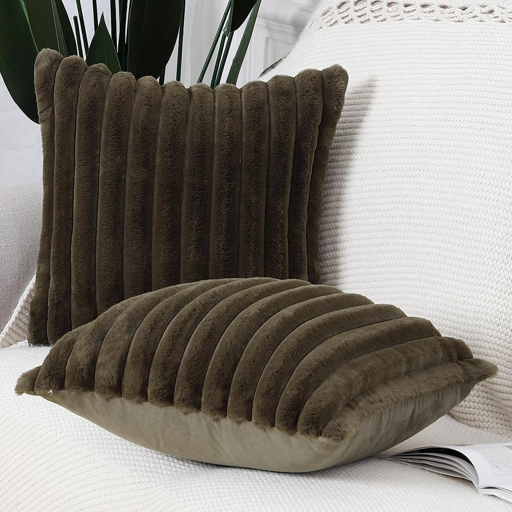 MADIZZ Set of 2 Faux Wool Plush Decorative Throw Pillow Covers 16x16 Inch Drak Brown Fluffy Striped Soft Decorative Cushion Cover for Sofa Bedroom Pillow Shell