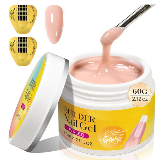 Builder Gel for Nails, 60g Nude Hard Gel for Nail Extension with 10 Nail Forms, Strengthener & Thickening, UV LED Lamp Cured Sculpture, Repair Broken Nails, Salon DIY Manicure Kit