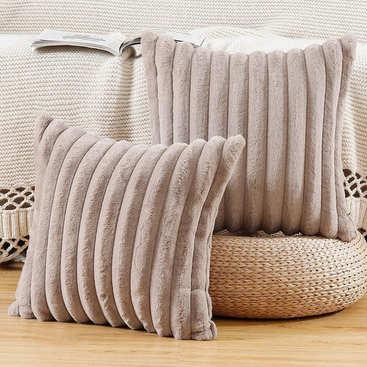 MADIZZ Set of 2 Faux Wool Plush Decorative Throw Pillow Covers 24x24 Inch Taupe Fluffy Striped Soft Decorative Cushion Cover for Sofa Bedroom Pillow Shell
