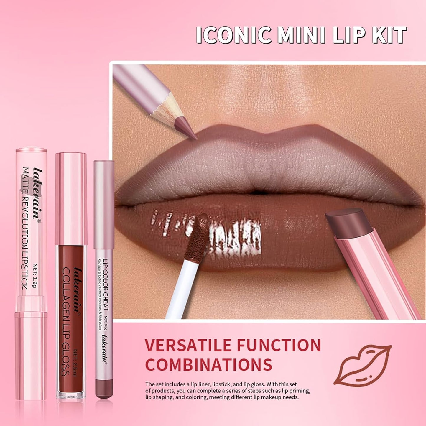 3PCS Lip Liner and Lipstick Combo Set - Matte Lip Liner Pencil, Velvet Matte Lipstick & Hydrating Collagen Lip Gloss - Long-Lasting, Smudge-Proof, High Pigment Nude Brown Lip Makeup Kit (Set 3, 3)