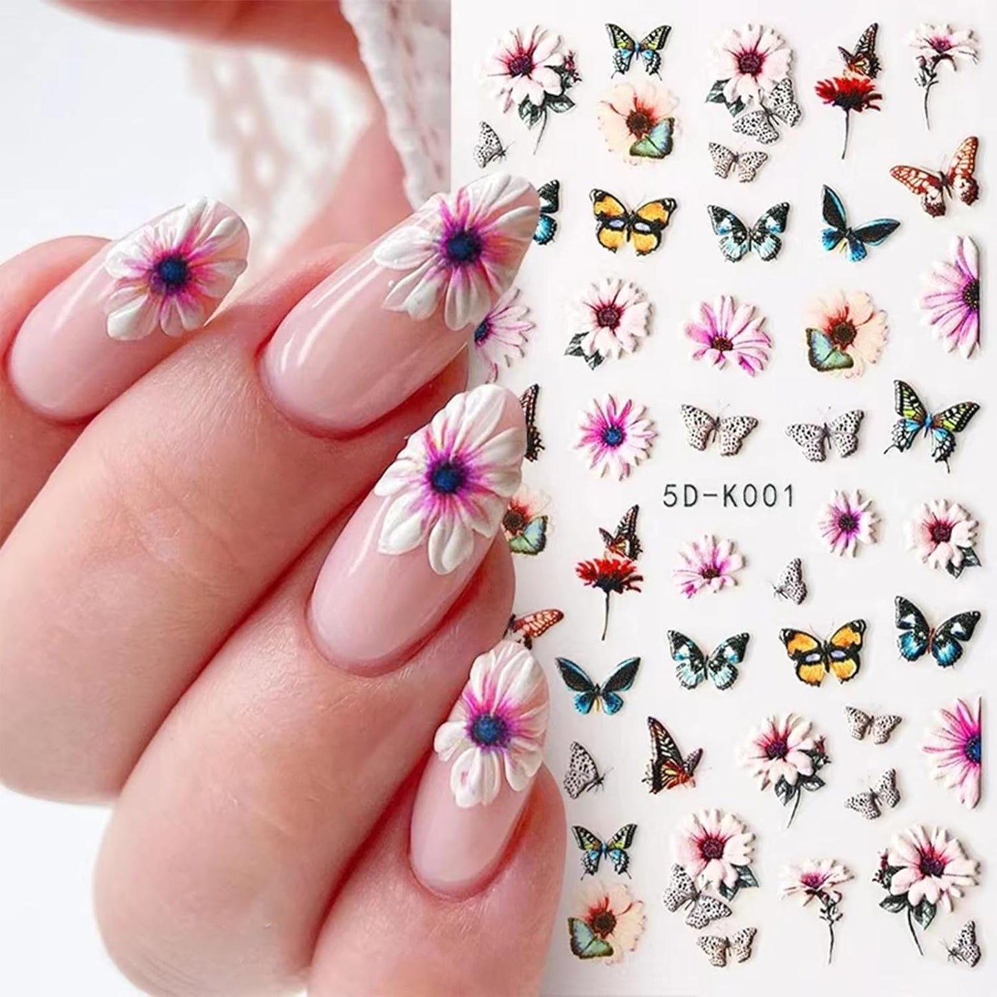 Pink Flower Nail Art Stickers Decals 5D Embossed Nail Decals Spring Summer Nails Art Design Self-Adhesive Supplies Accessories 3D Flower Stickers for Women Nails DIY Decoration