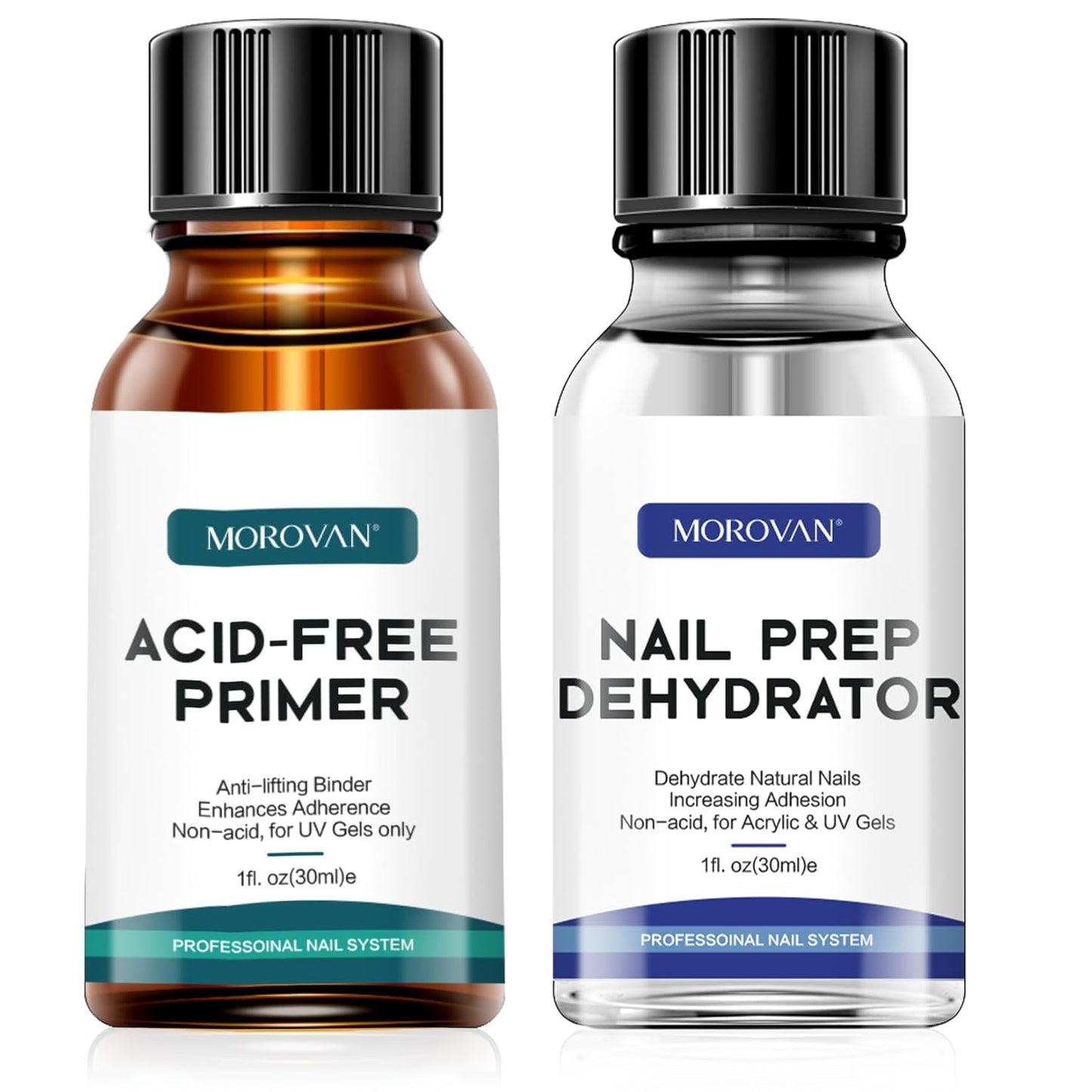 Morovan Nail Primer And Natural Nail Prep Dehydrate Set, Nail Dehydrator and Primer, Fast Air Dry For Gel Polish & Acrylic Powder, Gel Nail Primer and Dehydrator 30ml / 1oz