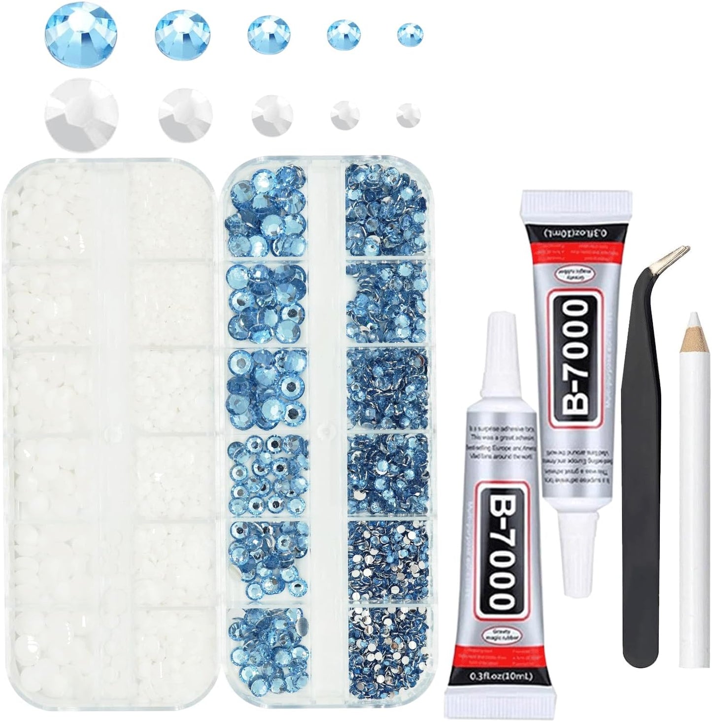 Light Blue White Rhinestones for Bedazzling With B7000 Glue, 2mm 3mm 4mm 5mm 6mm (SS8-SS30) Non-Hotfix Flatback Baby Blue White Nail Crystals Gems Beads for Bedazzle Crafting, DIY Nail Art