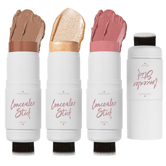 3 Pcs Cream Contour Stick Makeup Kit,Shades with Highlighter Stick,Blush Stick and Bronzer Contour Stick for Brightening and Trimming the Cheeks, Non-greasy, Waterproof Long-lasting Effect(#02,06,09)