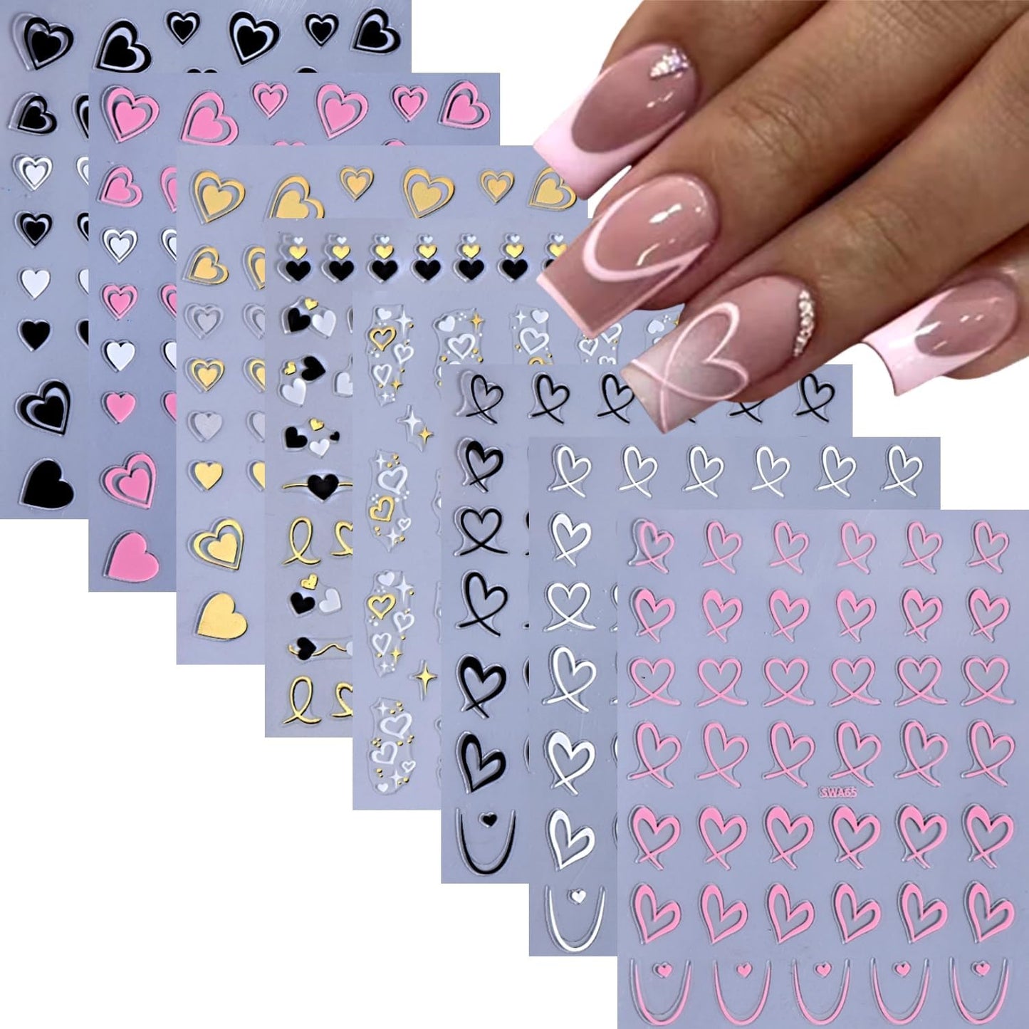 8 Sheets Valentine's Day Nail Stickers for Nail Art 3D Self Adhesive Heart Nail Art Stickers Black White Pink Valentine's Day Nail Decals Heart Nail Design Valentine's Day Nail Art Supplies for Women