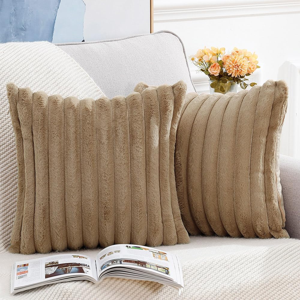 MADIZZ Set of 2 Faux Wool Plush Decorative Throw Pillow Covers 22x22 Inch Brown Fluffy Striped Soft Decorative Cushion Cover for Sofa Bedroom Pillow Shell