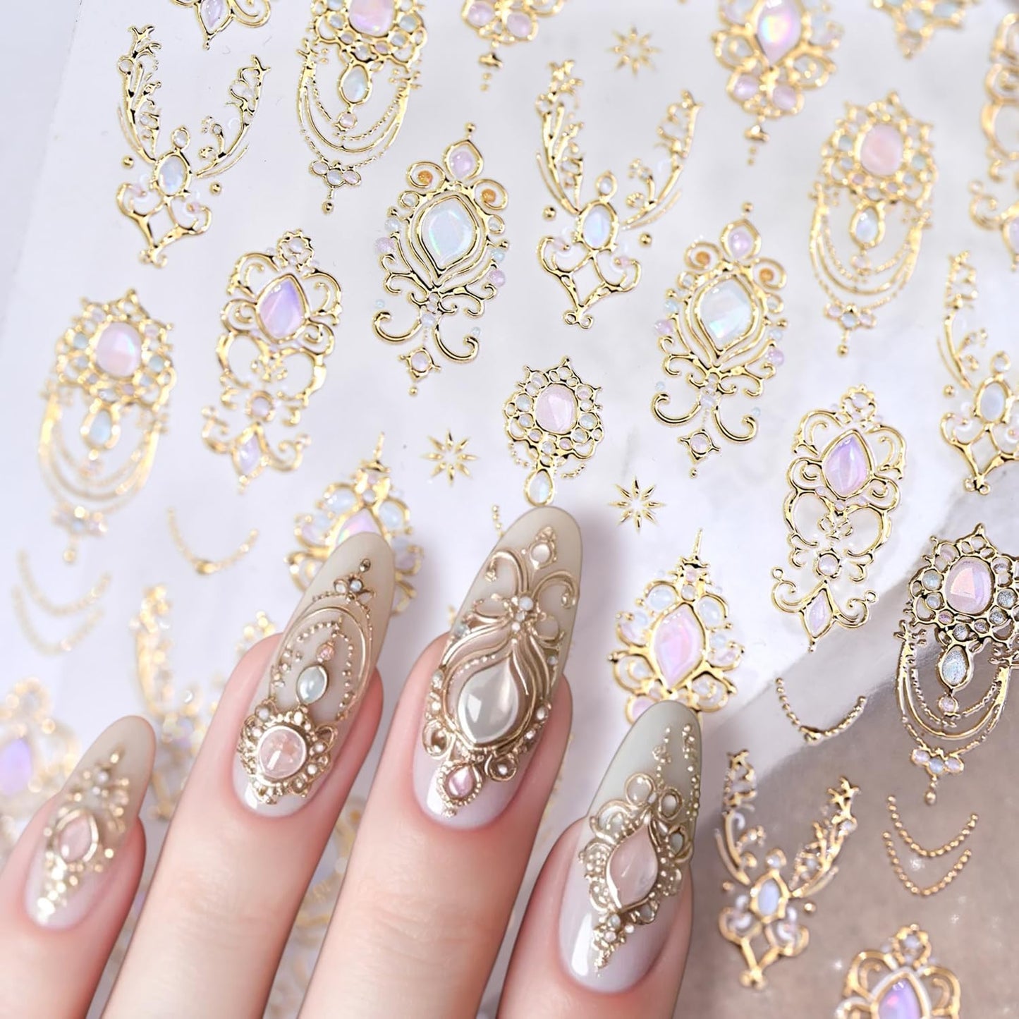 1 Sheets Gold Nail Stickers for Nail Art Holographic Laser Embossed Nail Art Stickers Gems Designs Nail Decals 5D Self-Adhesive Summer Fall Nail Decoration for Women Nail Supplies