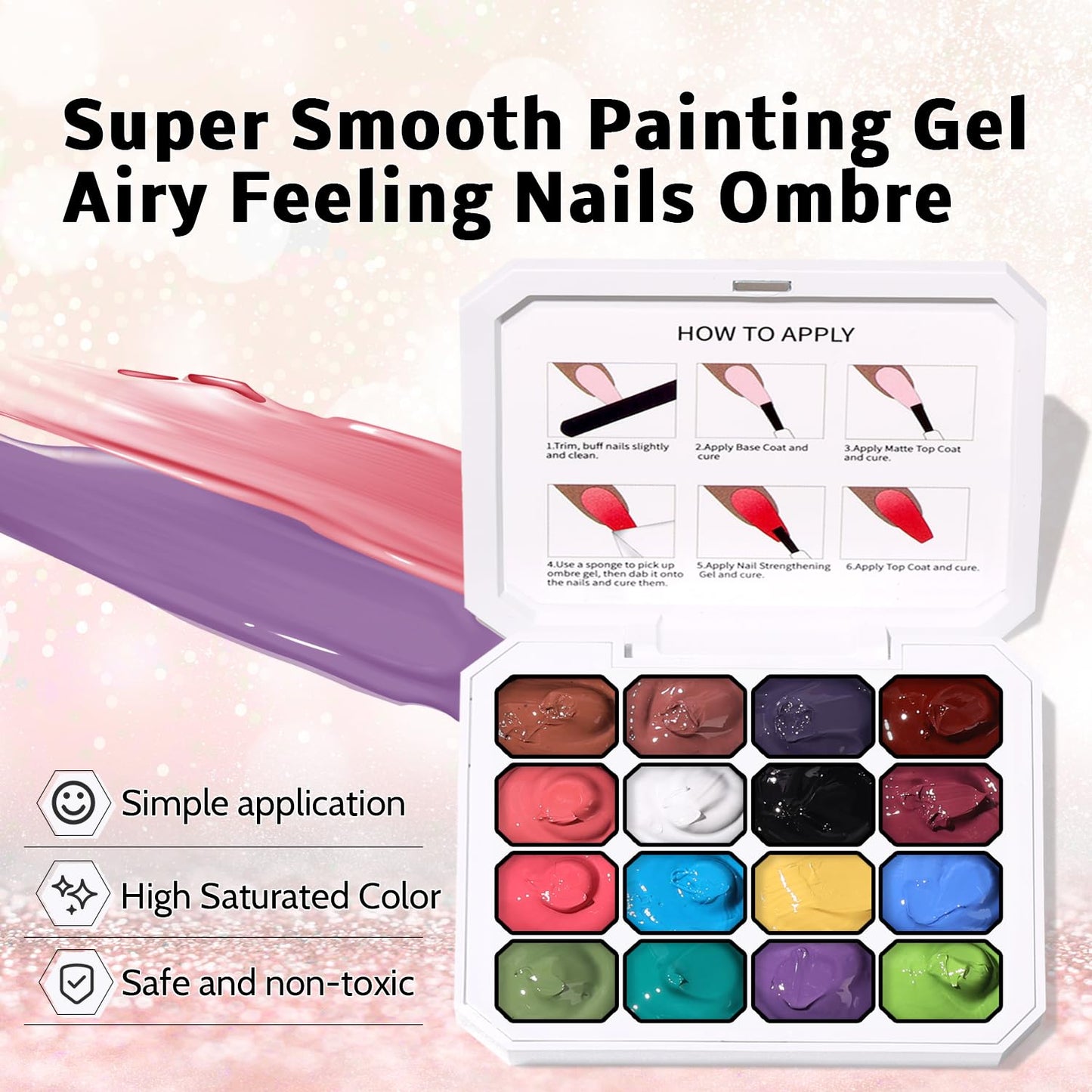 Sponge Pat Paint Nail Gel, Ombre Nails Gradient Gel Nail Blush Blooming Aura Nails Drawing Stripper Floral Painting DIY Nail Art, No Wipe, UV/LED Curing (16 Colors B)