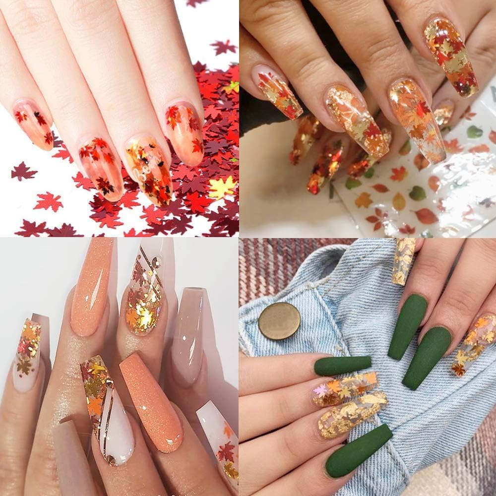 Fall Leaf Glitter Nail Sequins,3 Boxes Holographic Maple Leaf Nail Art Flakes Orange Red Gold Autumn Glitter Sticker Decals Manicure DIY Thanksgiving Decorations 36 Styles