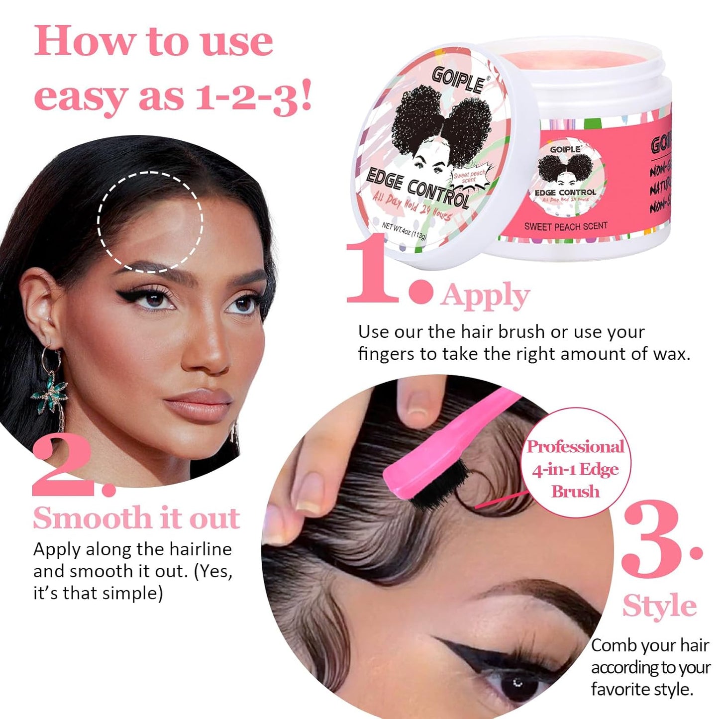 Edge Control Wax for Women - Strong Hold Non-greasy Smoother, Mini Control Brush for Back Hair, No Flaking Water-based Stay Gel, Slick Back Wax for All Hair Types (8pcs)