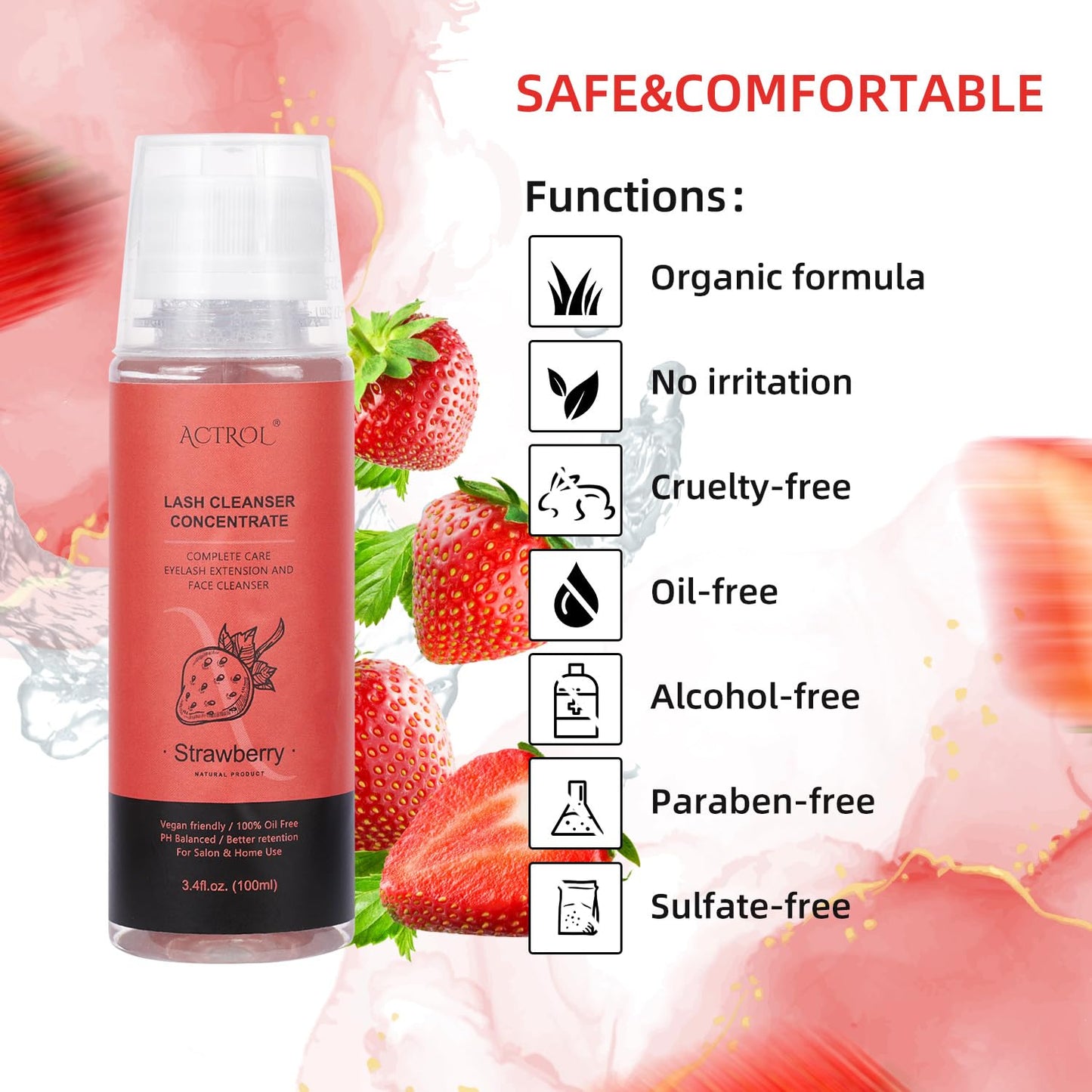 Eyelash Shampoo Concentrate 100ml Lash Extensions Cleanser Concentrate Strawberry Foaming Shampoo Paraben & Sulfate Free Wash for Extensions Lashes with Salon Home Care-Makes 60ml Bottles