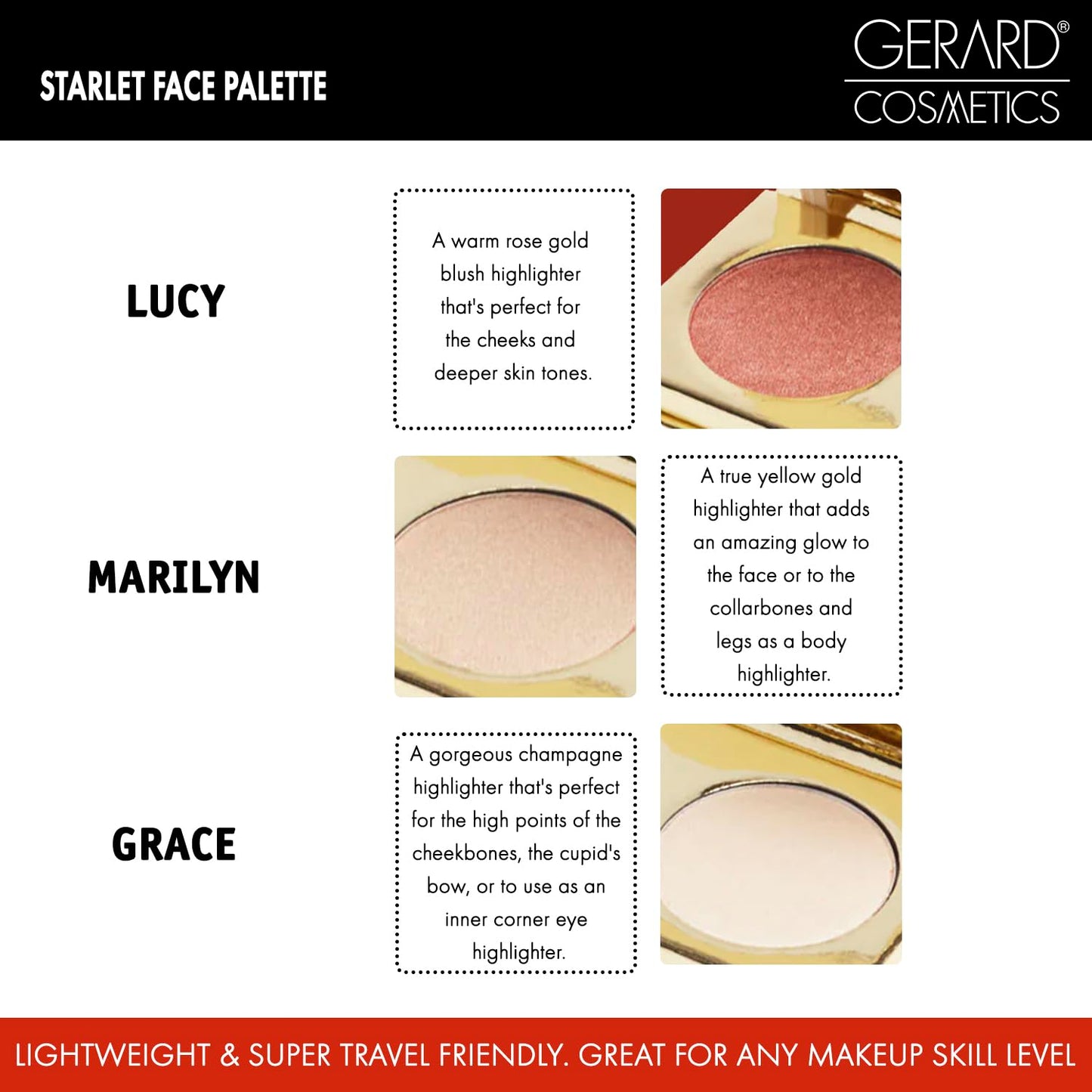 Makeup Highlighter Palette Trio (Starstruck) by Gerard Cosmetics | Vegan Powder Highlighter Makeup Palette with Three Luminous Shades | Cruelty Free and Made in the USA
