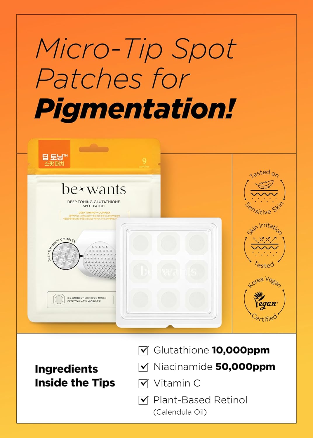 Bewants Deep Toning Glutathione Spot Patch – Micro Tip Patches for Skin Elasticity, Texture & Blemish Care, 9 Patches