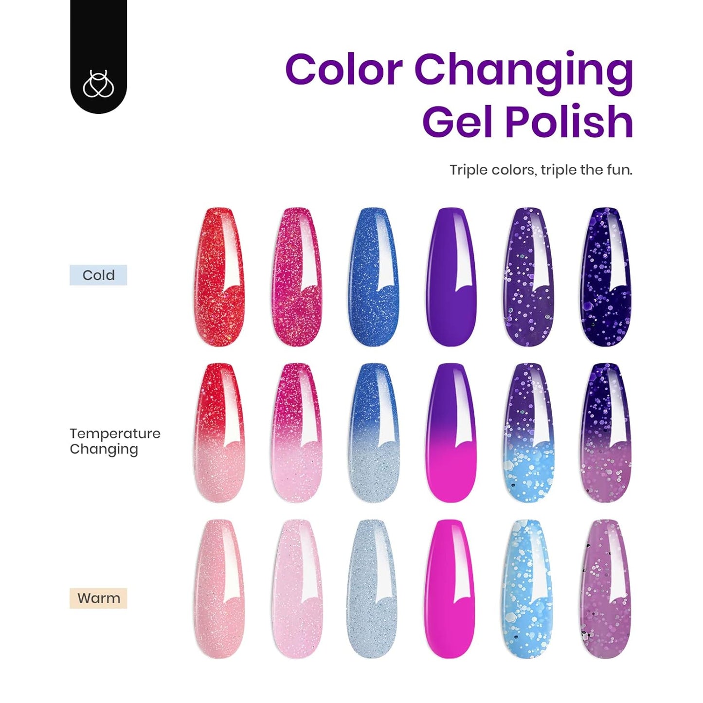 Beetles Color Changing Gel Nail Polish Kit, 6 Colors Pink Red Glitter Blue Purple Mood Temperature Change Nail Polish Gel Set Soak Off Nail Art Gel DIY Salon Manicure Gift