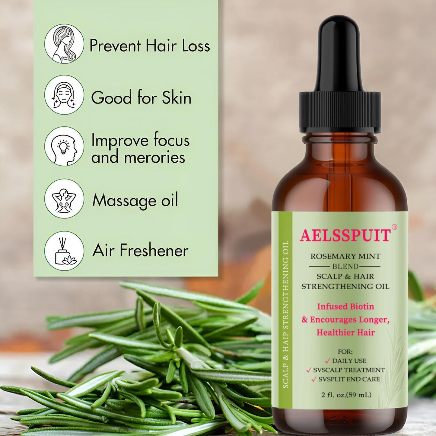 100% Pure Organic Rosemary Essential Oil for Hair Growth - Multi-Purpose Hair Treatment Oil Promotes Eyelash & Eyebrow Growth, 2.02fl oz (Small, Rosemary)