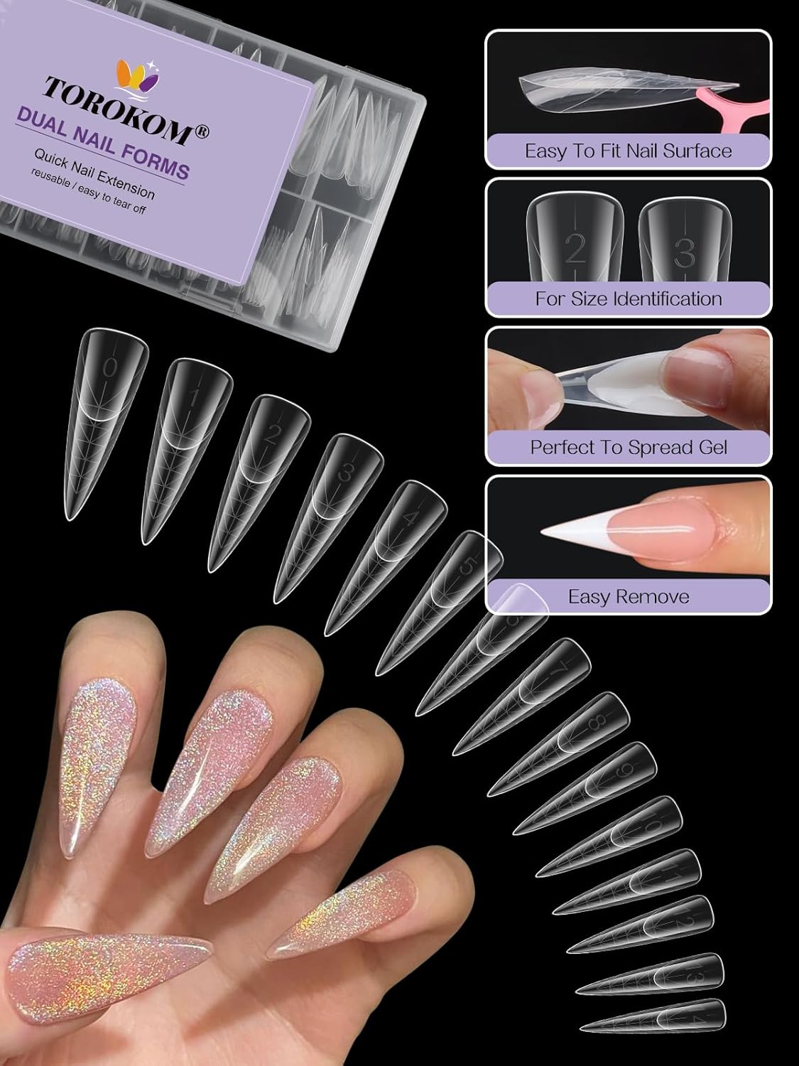 TOROKOM 150Pcs Poly Extension Gel Dual Nail Forms Clear Nail Forms Full Stiletto Nail Molds 15 Sizes for Gel Manicure Nail Art Design Salon&DIY
