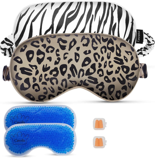 Sleep mask w/Cooling Gel Eye Mask, 2Packs Heated Eye Mask for Sleeping, Reusable Ice Silk Blackout Eye Cover Sleeping Mask for Travel, Home, Office, Yoga, Stocking Stuffers (Zebra+Leopard)