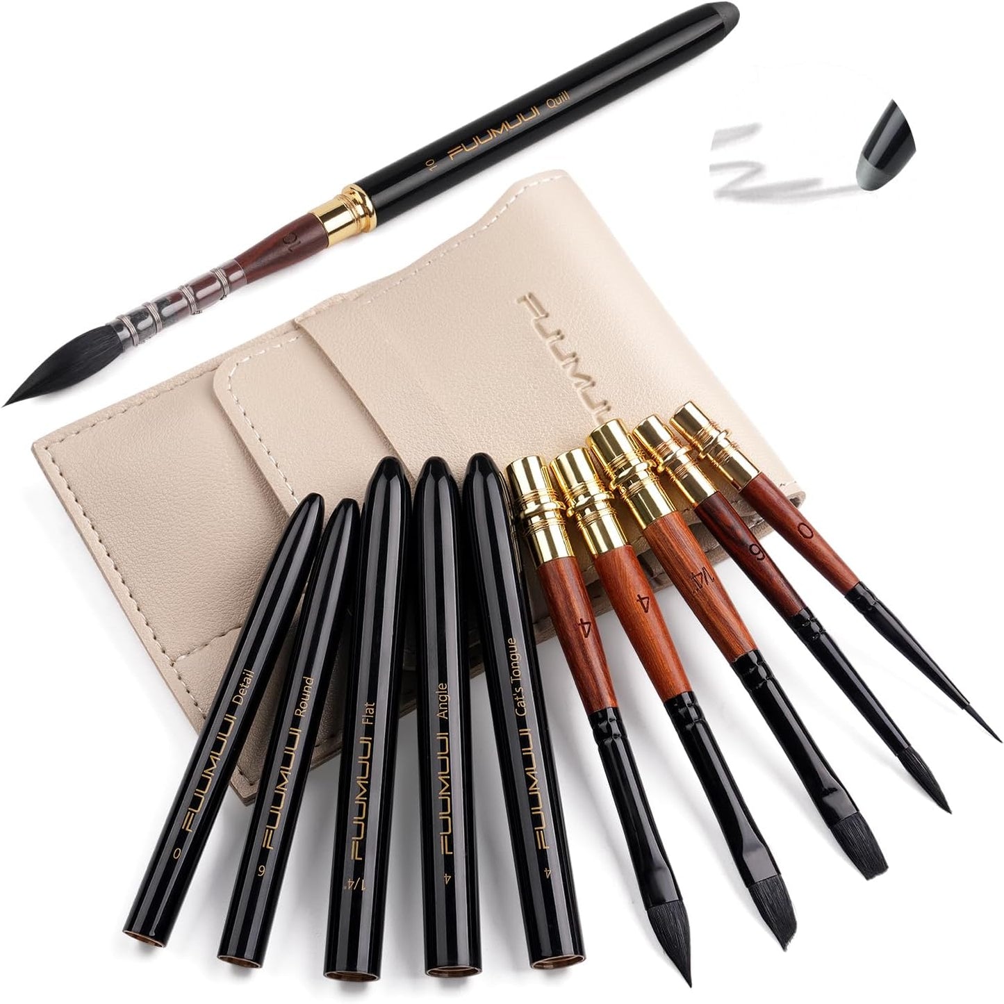 Travel Watercolor Brushes, Fuumuui Professional 6pcs Natural Soft Squirrel Hair Watercolor Travel Brush Set with Graphite Tip Pen Perfect for Watercolor Gouache Ink Painting