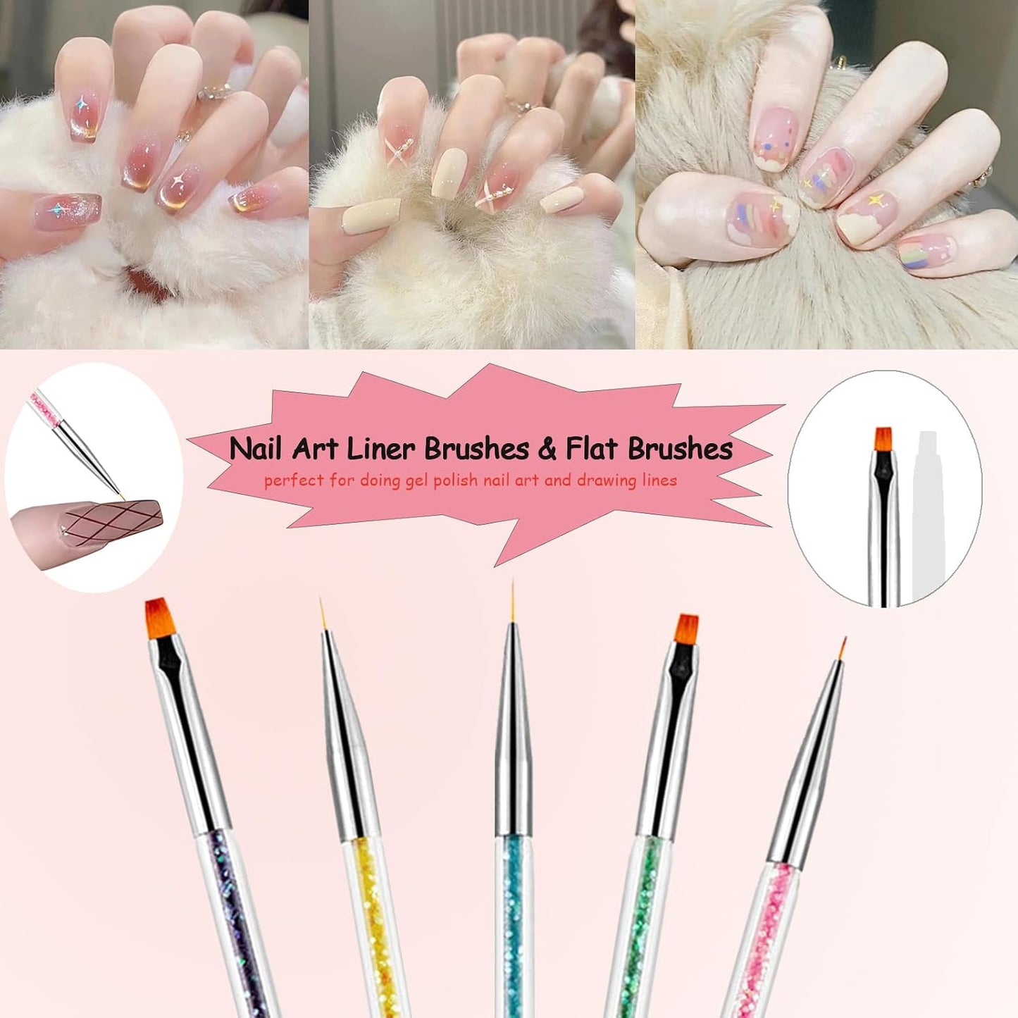 Nail Art Brushes, 8Pcs Double-Ended Acrylic Nail Brush Set & Picker Brush Tool for Nail Art with PolyGel Gel Acrylic Nails Extension Fine Liner Brushes and Dotting Pen (6,7,8,9,11 mm)