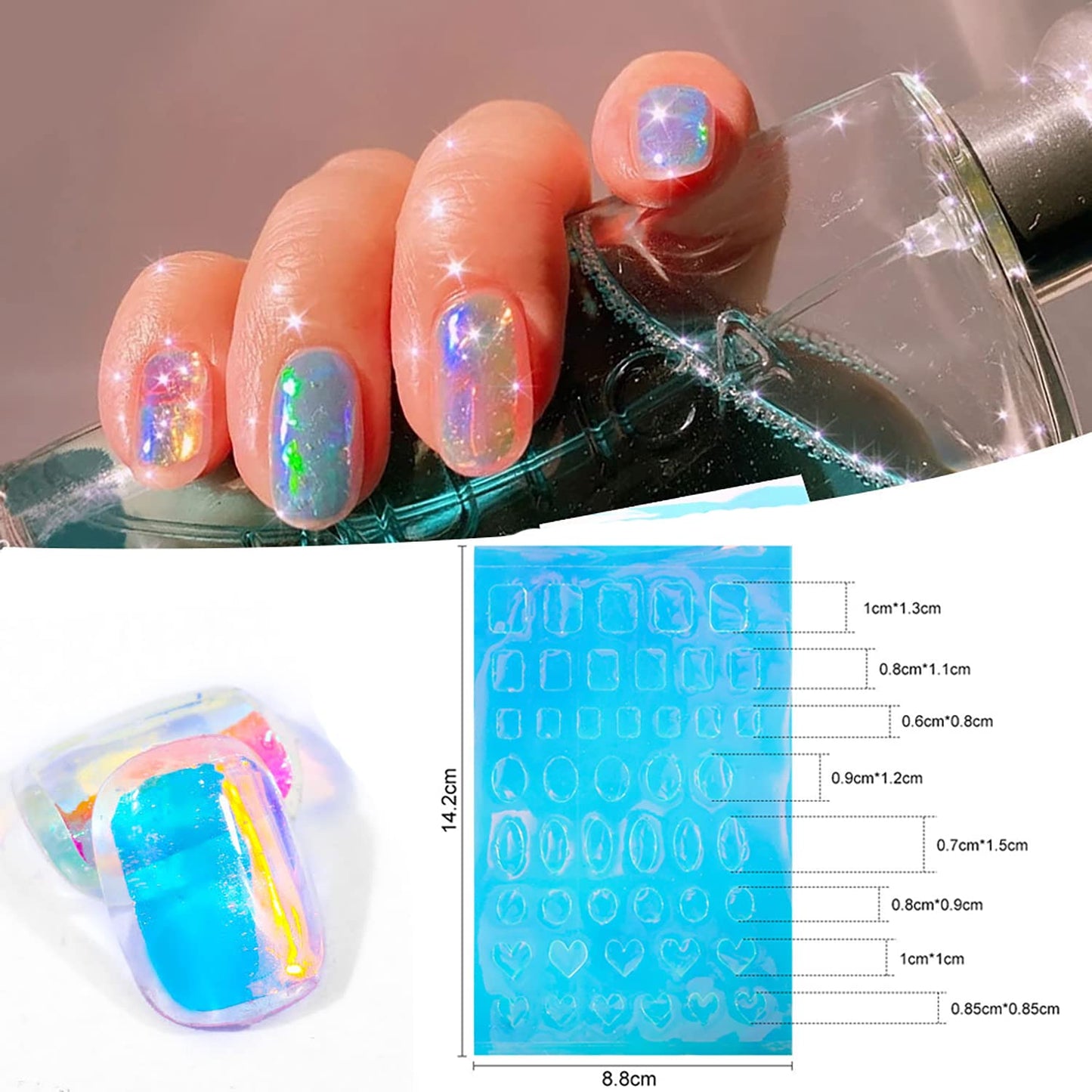 SILPECWEE 11 Sheets Aurora Nail Foil Laser Nail Stickers Glass Paper Nail Art Stickers Iridescent Cellophane Nails Designs Sticker Holographic Film 3D Nails Decoration for Women Kids