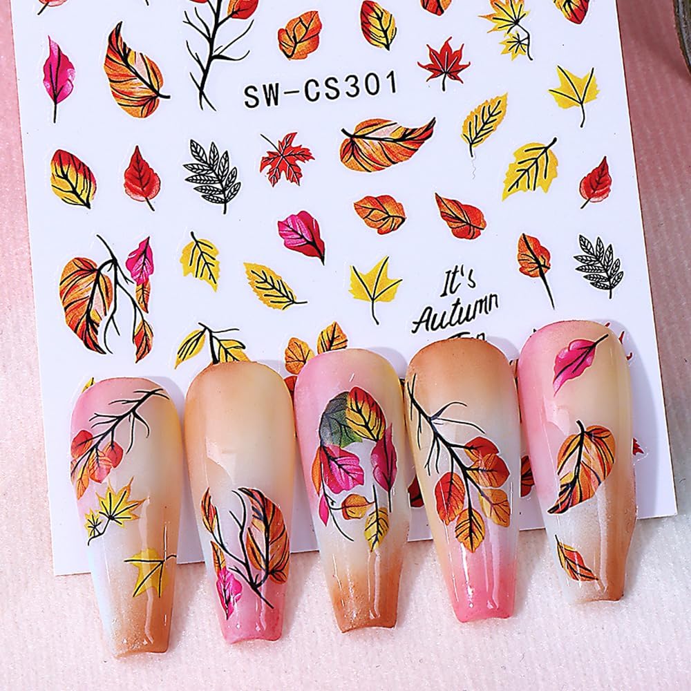Fall Nail Stickers Maple Leaf Pumpkin Nail Art Decals Autumn Glitter Leaves Pine Nut Pumpkin Nails Design Self-Adhesive Nail Art Supplies Thanksgiving Gold Yellow Maple Leaf Stickers for Nails DIY