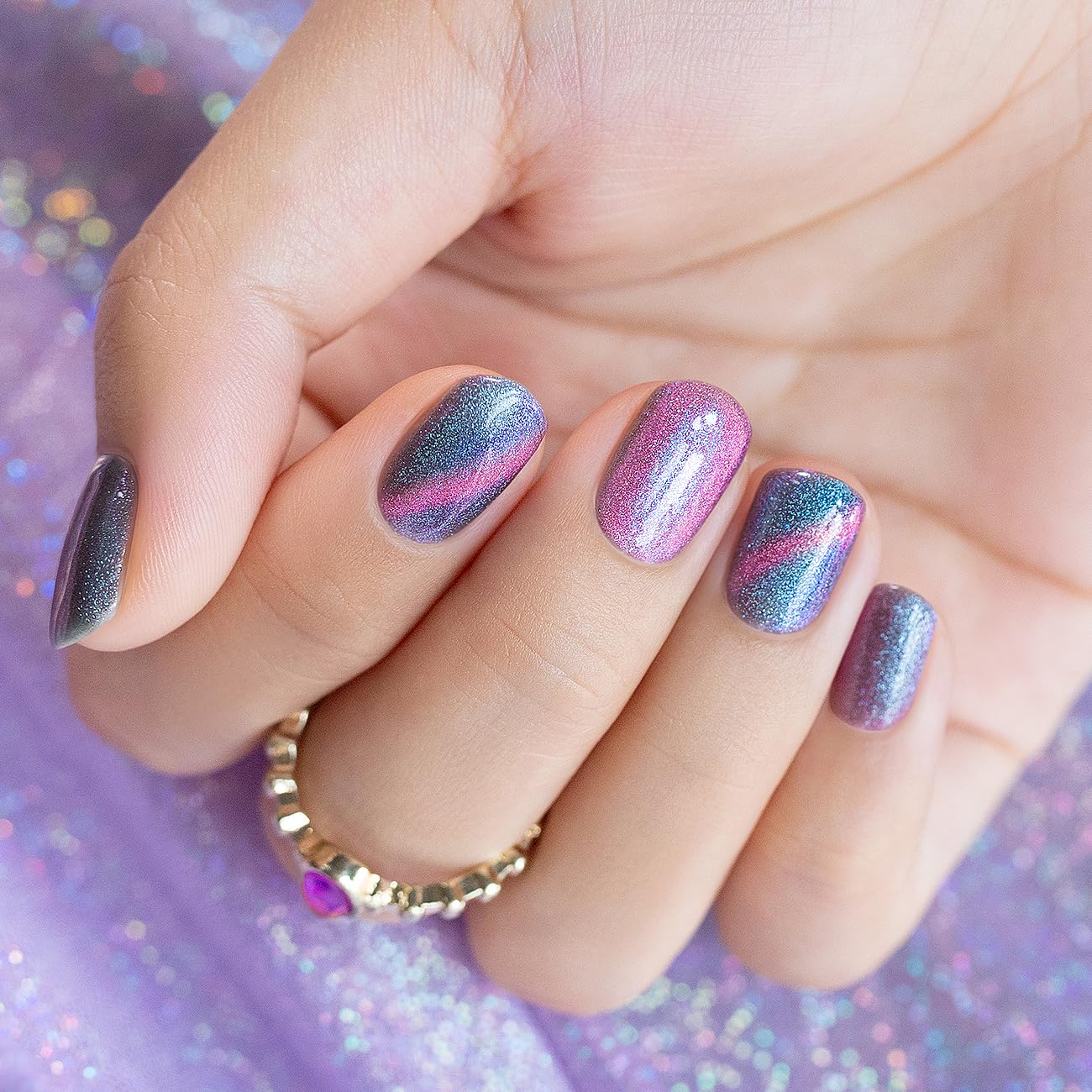 RARJSM Aurora Cat Eye Gel Nail Polish with Magnet Stick Blue Purple Multi Color 9D Diamond Galaxy Cateye Gel Polish Chunky Shimmer UV LED Curing Requires Soak Off for Home Salon Manicure 15ml