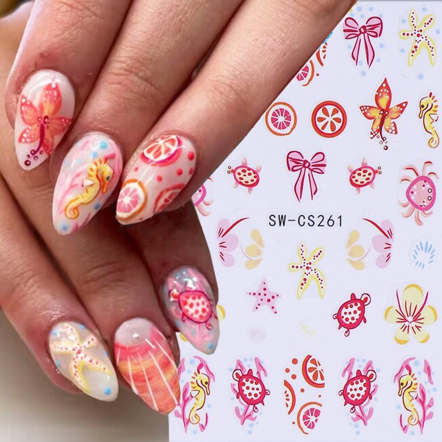 6 Sheets Marine Life Nail Art Stickers 3D Self-Adhesive Starfish Turtle Nails Sticker Flower Nail Art Decals Holographic Bow Nails Decal Decoration for Women Floral Manicure DIY Nail Supplies