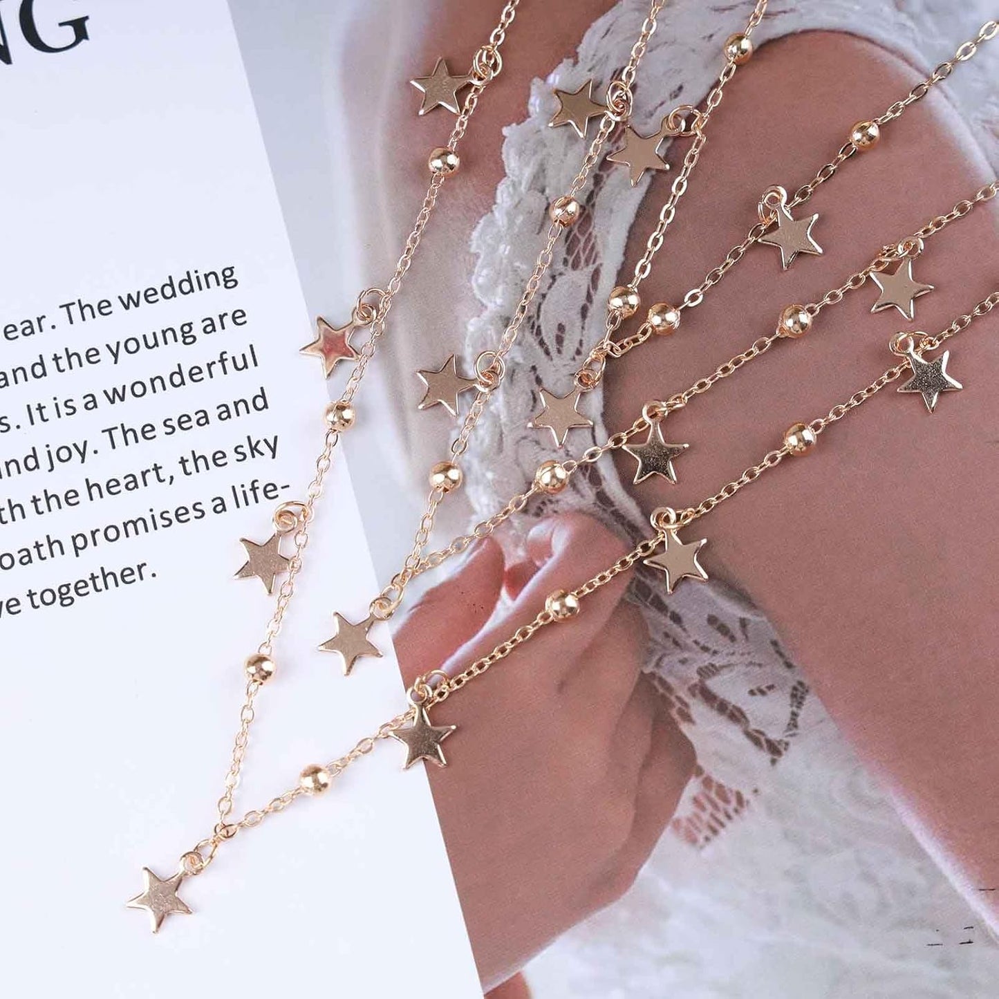 Vintage Layered Star Dangle Necklace Star Pendant Necklace Tiny Star Necklace Gold Bead Chain Necklace Jewelry for Women