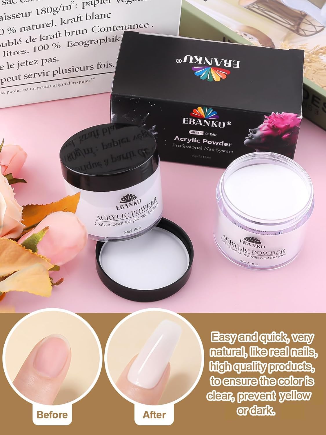 EBANKU 2 Colors Acrylic Nail Powder Set, White Clear Acrylic Powder Professional Nail Acrylic Powder for Nail Acrylic Extension, Nail Carving, Long-Lasting, No Nail Lamp Needed, 2.1 oz