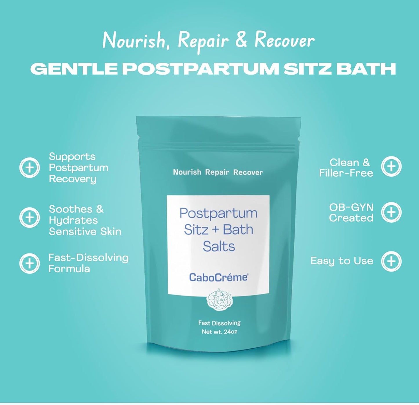 CaboCréme Postpartum Sitz + Bath Salts – 24oz – Postpartum Bath Soak for Perineal Care, Healing Tears, Swelling & Hemorrhoids – Dead Sea Salt with Magnesium, Arnica, Calendula + Cabbage Extract