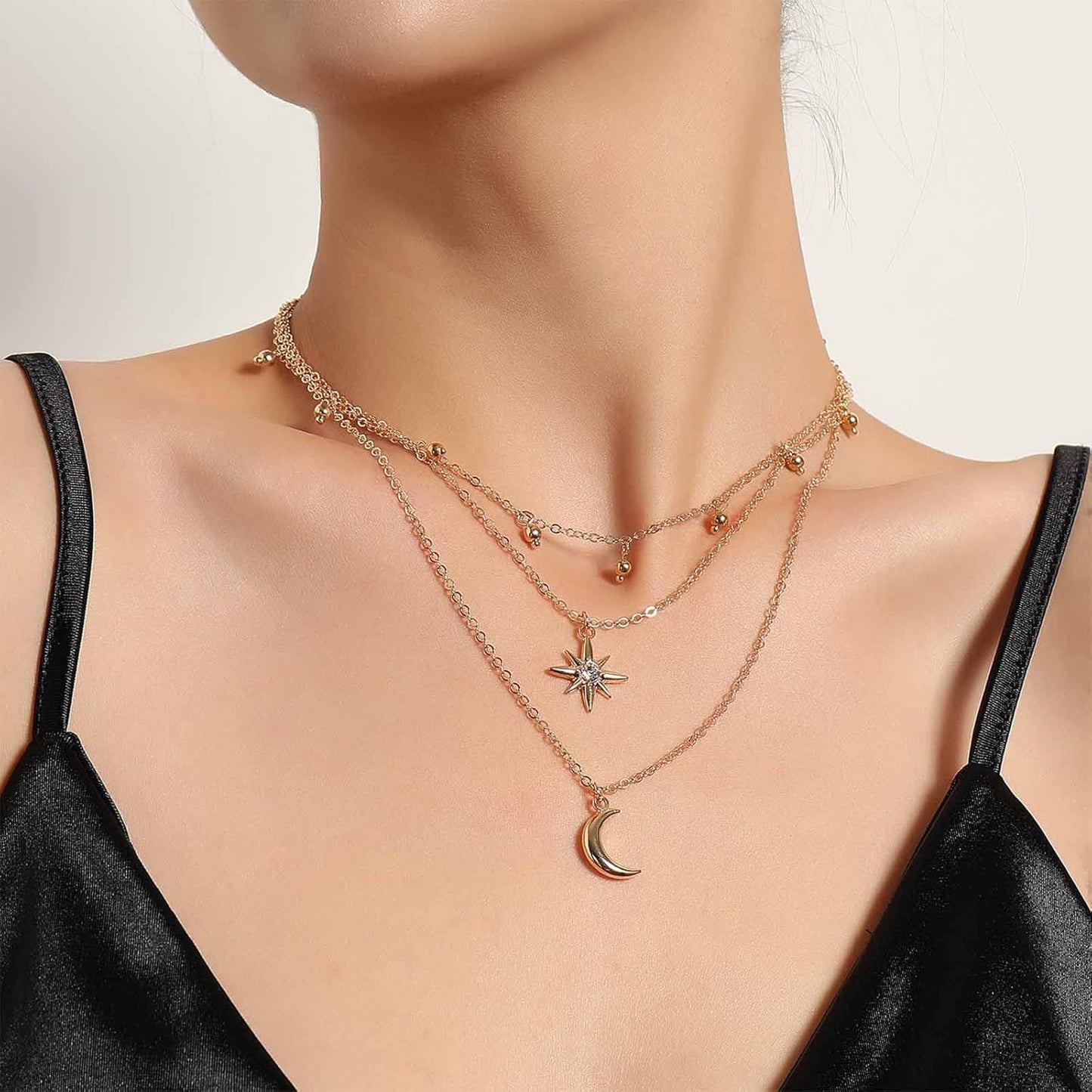 Bohemia Layered Star Choker Necklace Crescent Moon Pendant Necklace Chain Crystal Star Choker Necklace Gold Moon Necklace Jewelry for Women and Girls