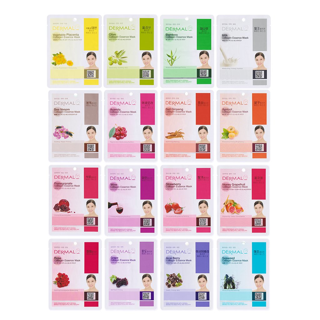DERMAL Korean Collagen Face Mask – Hydrating & Soothing Sheet Mask with Panthenol – Hypoallergenic Calming Moisture Care for All Skin Types – 16 Combo Pack B